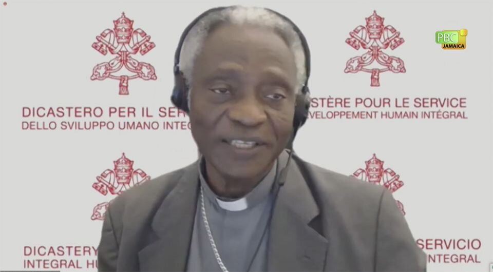 Cardinal Peter Turkson speaks at a May 27 virtual conference sponsored by the Vatican and the United Nations Food and Agriculture Organization. (NCR screenshot)