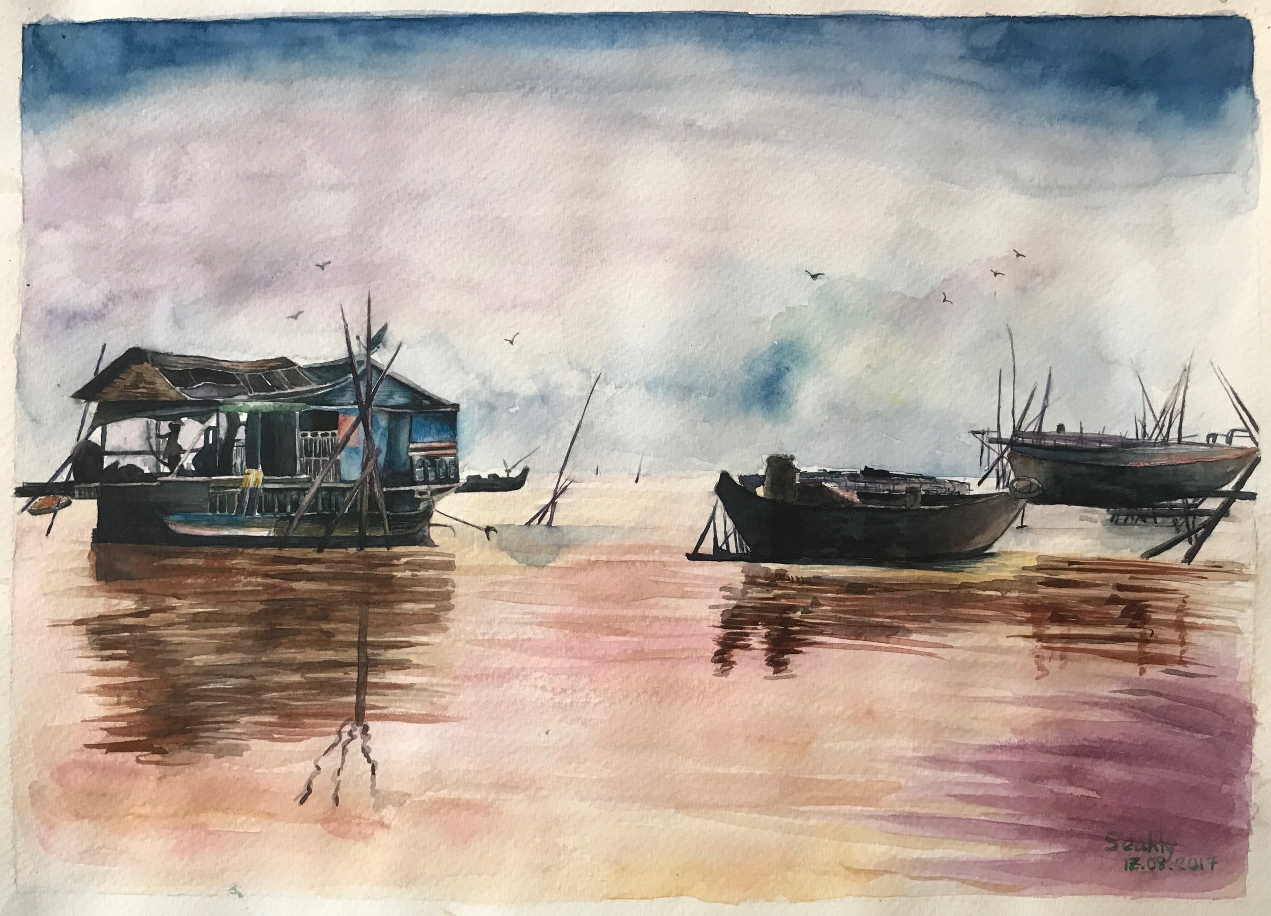 Watercolor of boats (Cambodia)