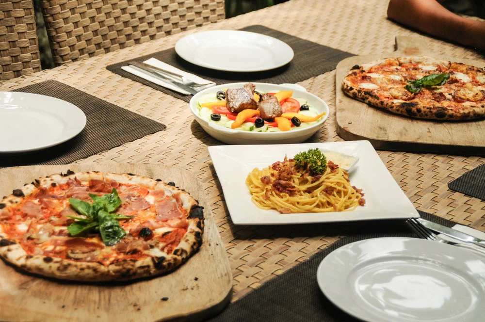 Pizza, pasta, and tuna salad