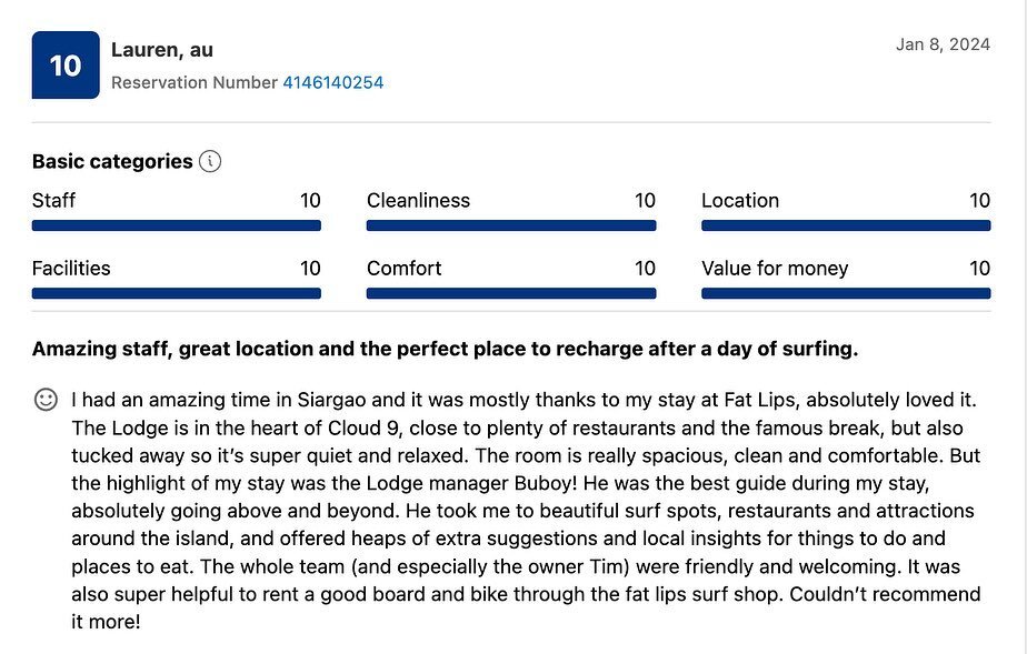 Our very first guest reviews on booking.com.  Couldn&rsquo;t be happier that people genuinely seem to love our place!  Our people make all the difference.  In the surf shop and in the hotel, our focus is always on finding amazing staff who can make y