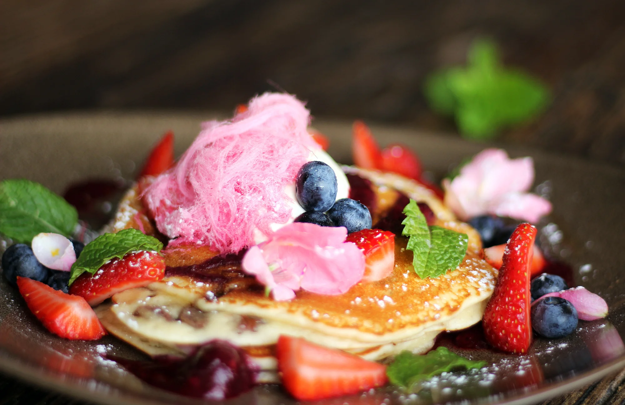 Pancake special, berries, fairy floss, nutella