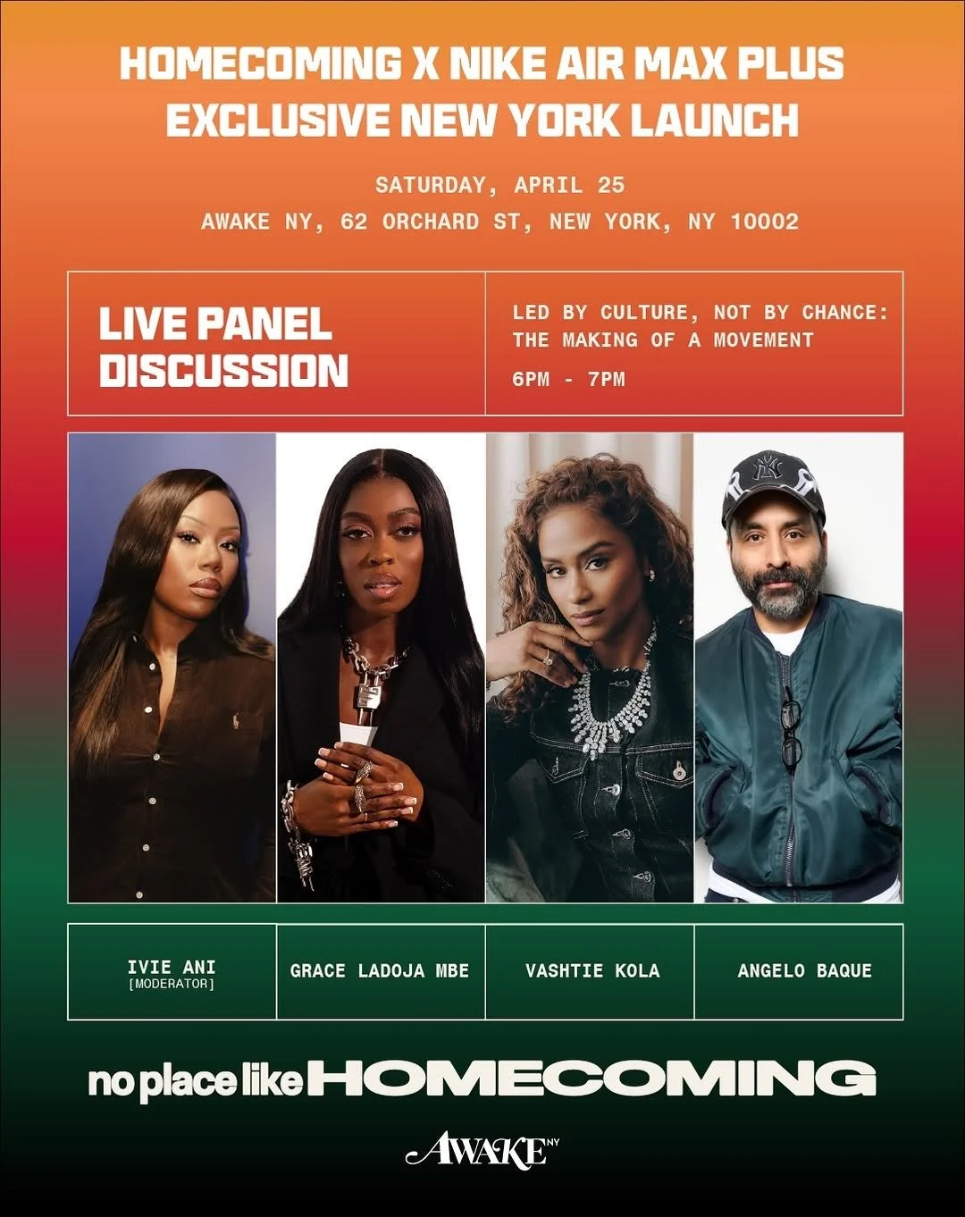 Led by culture, not by chance 🌍🗽@nike x @ourhomecoming

I&rsquo;ll be moderating a conversation with @graceladoja the first African woman to design a shoe with Nike, and streetwear trailblazers @angelobaque and @vashtie

Doors open at 3pm. Pull up 