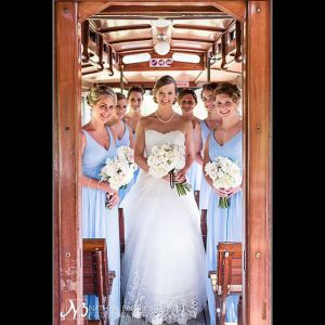 Jourdan and her bridesmaids on the shuttle at the 1927 Lake Lure Inn near Chimney Rock in NC