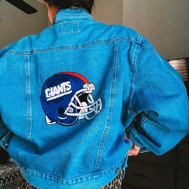 who&rsquo;s even playing today? idk go team I guess 🏈 maybe next year will be the giants year! #handembroidery on a #vintage denim jacket for @pts01 ❤️💙