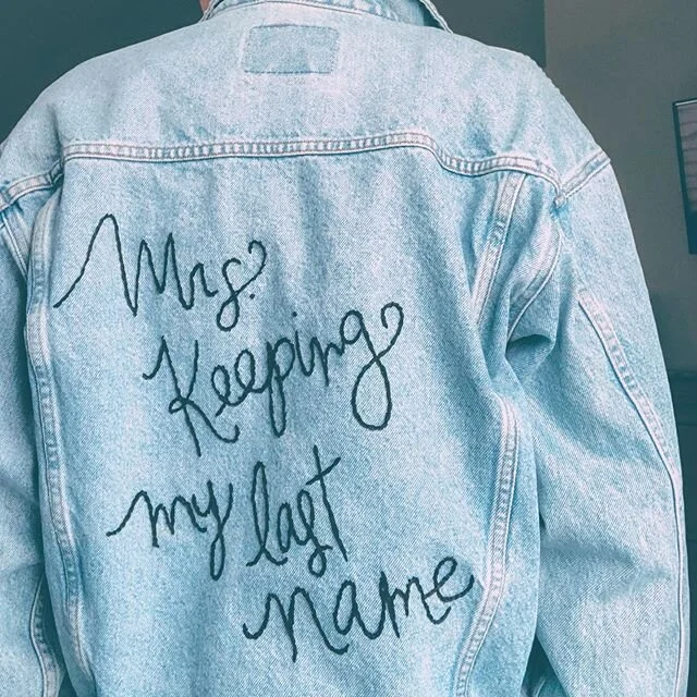 a new twist on the usual Mrs. Jacket! My client found an amazing @catebyhoc painted leather jacket (last slide) but wanted embroidery on denim instead with a little extra touch... the tiniest pint of @guinness to honor the bride&rsquo;s late father, 