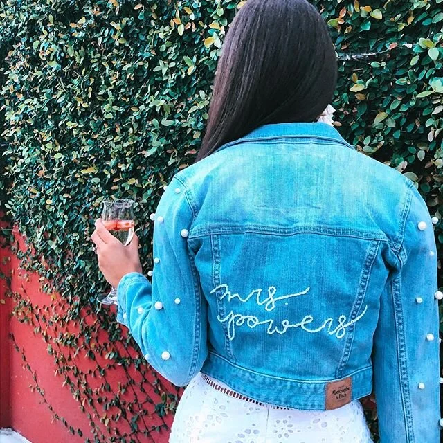 definitely the most important Mrs. jacket I&rsquo;ve worked on yet... for my new sister! 💕✨🌿 #handembroidery and #handbeaded pearls on an #upcycled cropped denim jacket