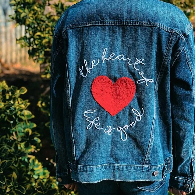 have always loved this song by @johnmayer and the message in it ❤️ customized @levis denim jacket with #handembroidery #theheartoflifeisgood #continuum