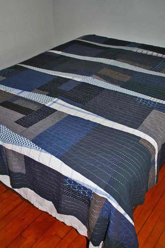 Bed quilt 91" x 81", vintage Japanese textiles, American and European homespun cottons, supplemental recycled cottons and linens, all new linen backing fabric, 100% cotton thread and sashiko quilting