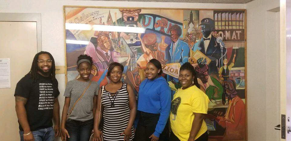Shown (L to R) Baba Cole (VP of BULYPNY), participants and B.E. founder Ta'Ria Wideman at the july 21, 2018 session of the summer social justice workshops