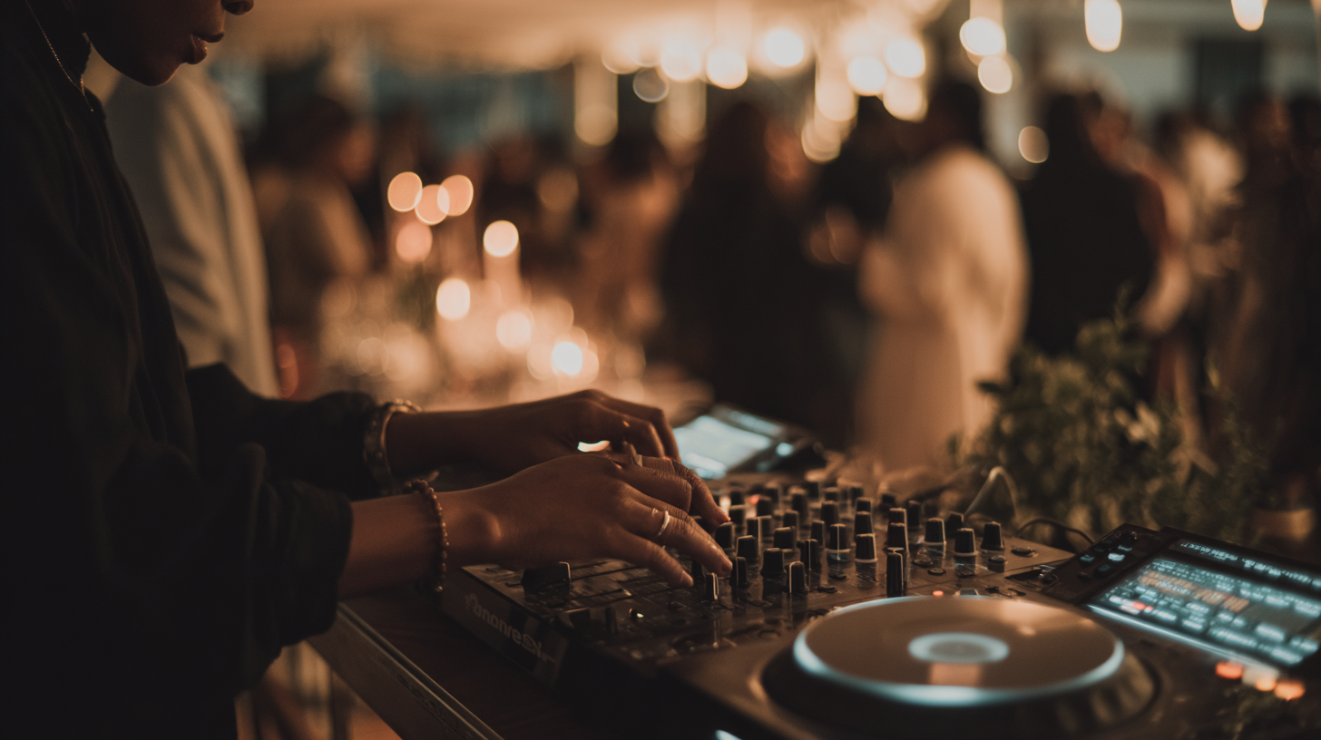 An upscale DJ performing a live music set at a curated event, surrounded by warm lighting and an elegant crowd enjoying an immersive, grown-and-sexy nightlife experience.