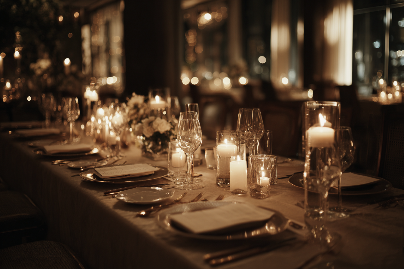 an elegant luxury wedding reception tablescape with candlelight decor