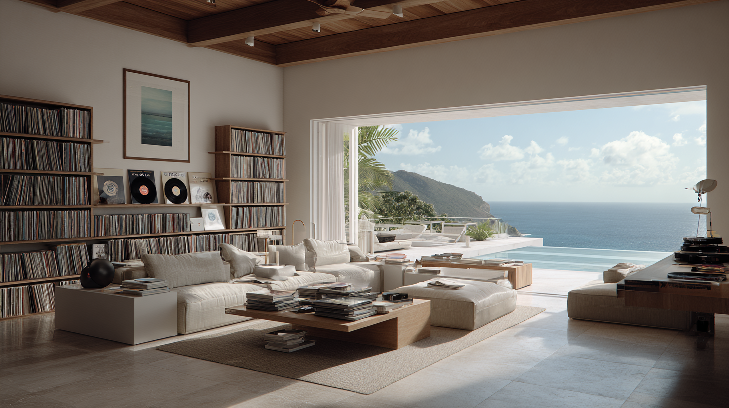 luxury caribbean villa interior, open windows, ocean breeze, soft neutral tones, vinyl records, calm atmosphere, editorial travel photography
