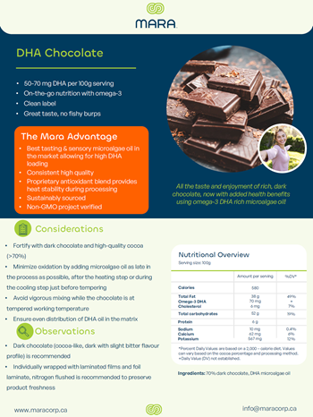 Mara Renewables Ingredient card for microalgal omega-3 DHA enriched chocolate