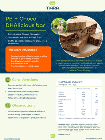 Microalgal Omega-3 DHA enriched peanut butter and chocolate bar by Mara Renewables brochure