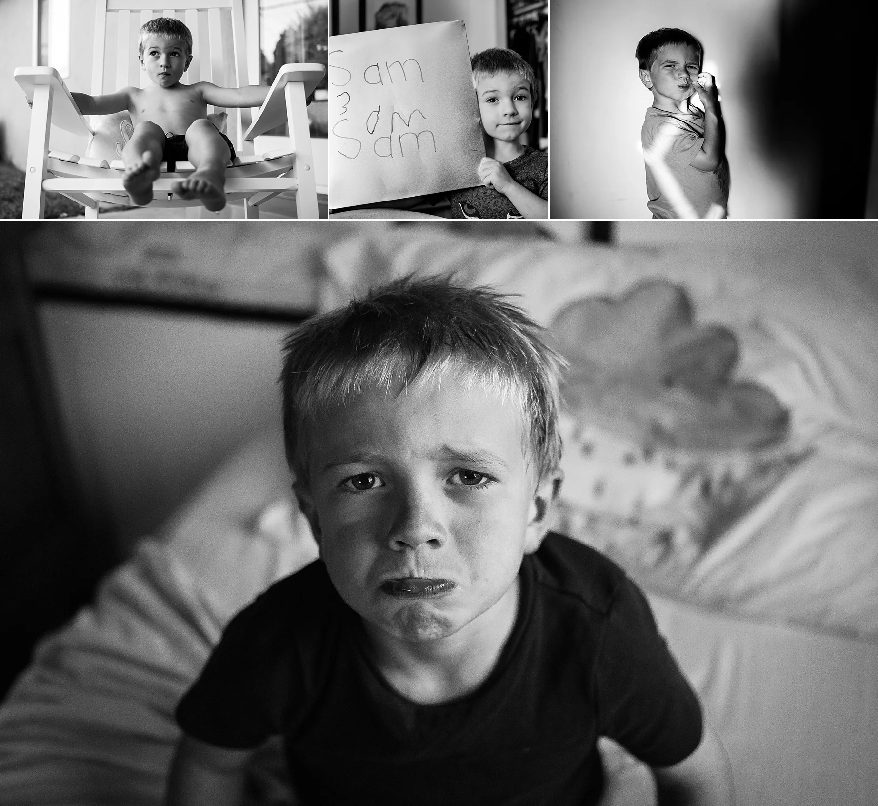 A black and white environmental portrait of my boy shows the emotion on his face with the cloudy pillow behind him.