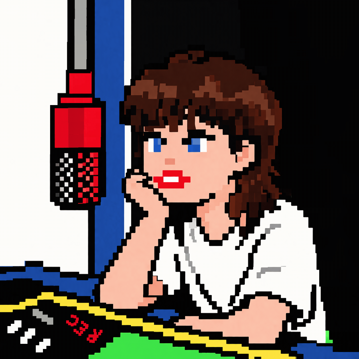 Pixel art image of Vocal Fry Studio's owner, Katie Jensen, featuring a woman with brown hair and blue eyes, resting her chin on her hand, with a red condenser microphone hanging from a mic stand above and a red On Air sign flashing behind her.