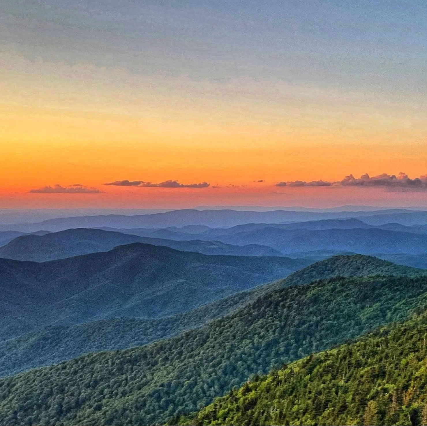 Blue Ridge Mountain ridges at sunset, Western North Carolina