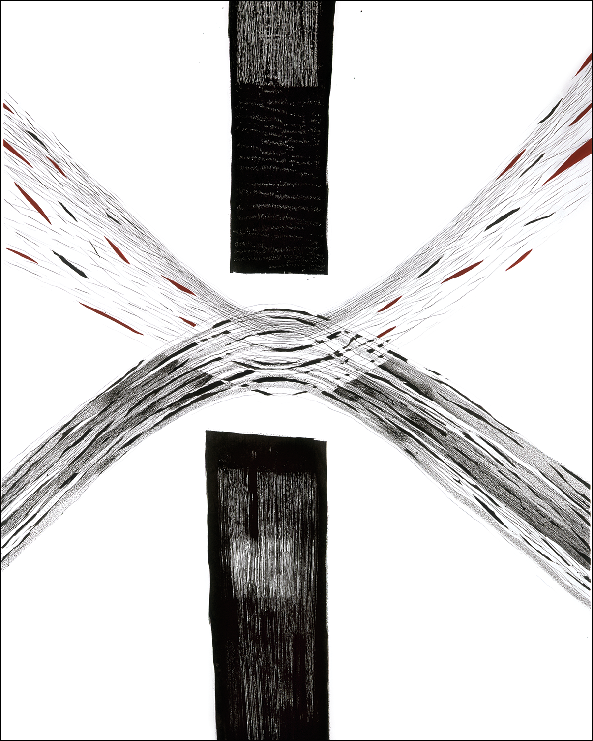 «Sharing» 180x140cm, 2003, Tusj/penn/pensel, voks og akryl på bomulls/polyesterstoff