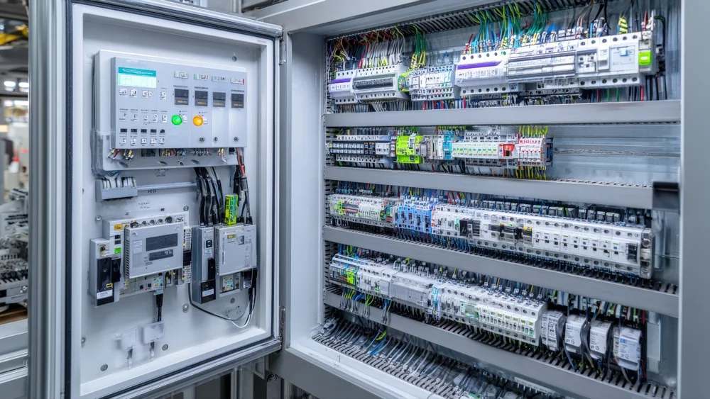 Open control cabinet with organized wiring
