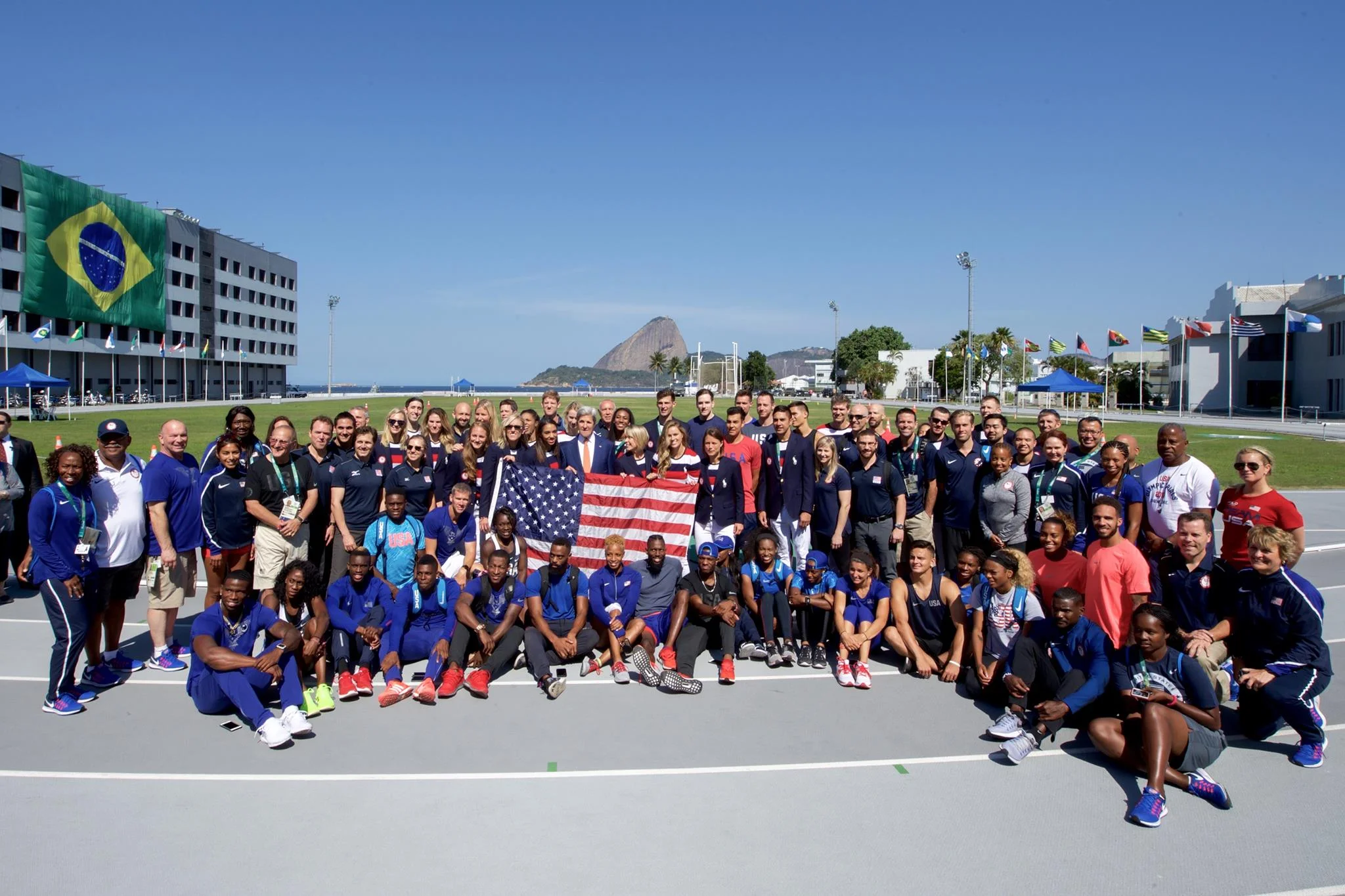 Members of the U.S. Summer Olympics Team and former Secretary of State John Kerry in Brazil. 2016. 