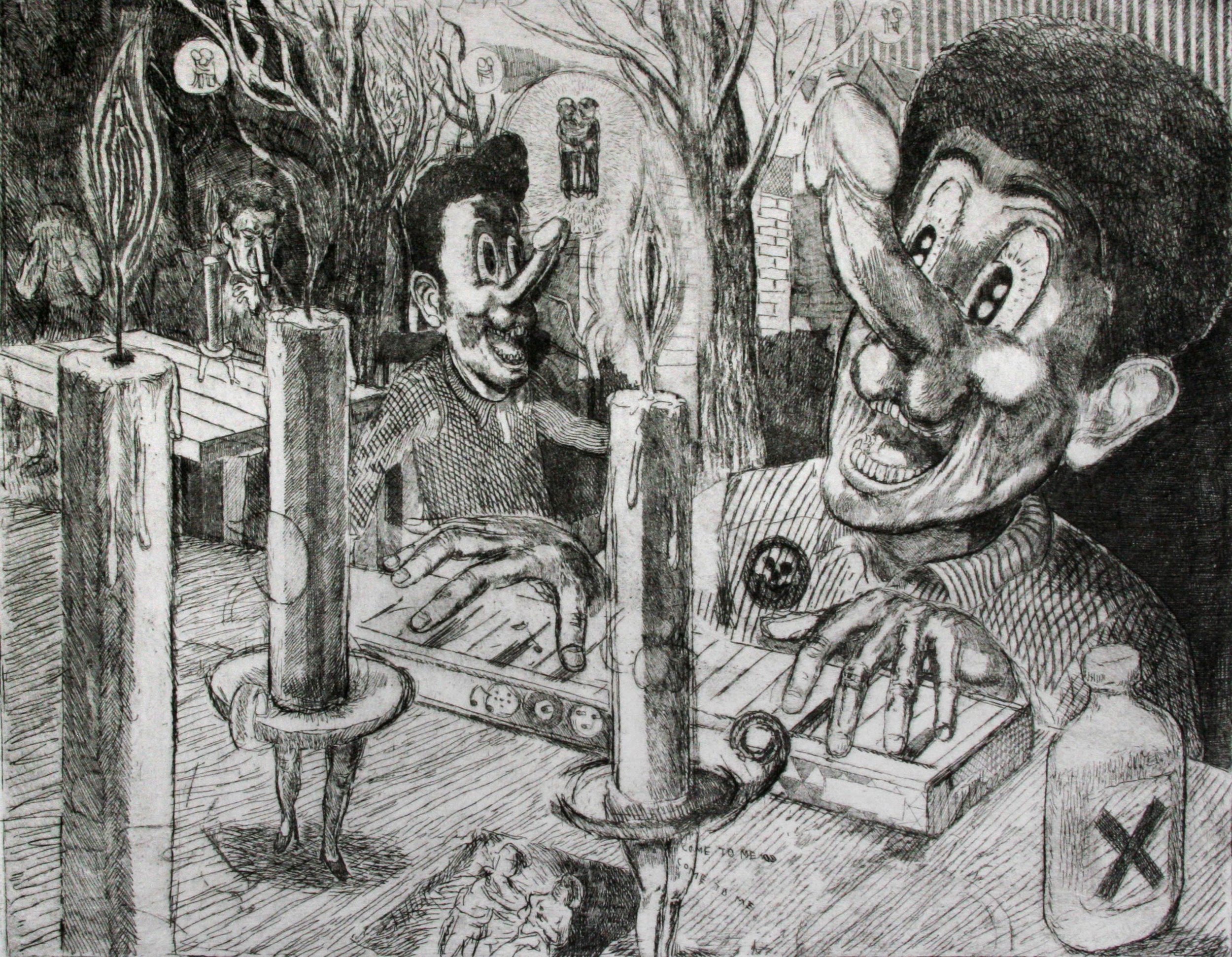    "Mr Dicky and the Candle Ladies" 2012   Engraving and etching on paper. 29 x 39 cm 