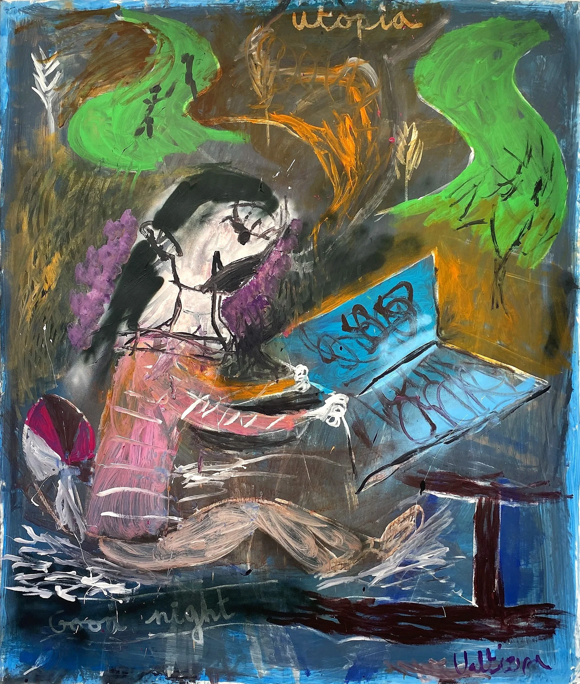   'Utopia. Good Night' 2023  Oil and Acrylic on paper. 180 × 150 cm 