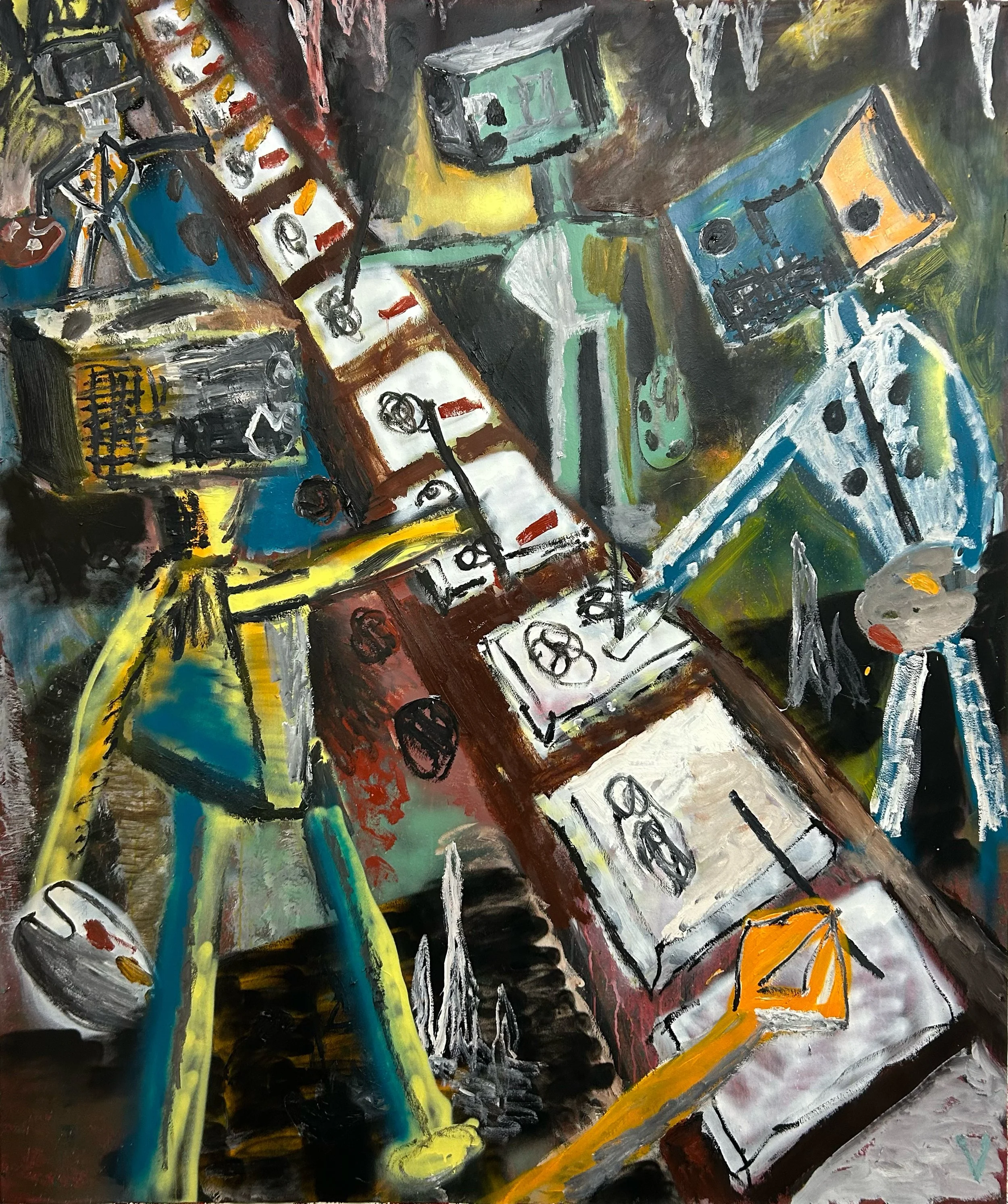   ‘Factory Settings’ 2026  Oil, acrylic and aerosol on paper. 180 × 150 cm 