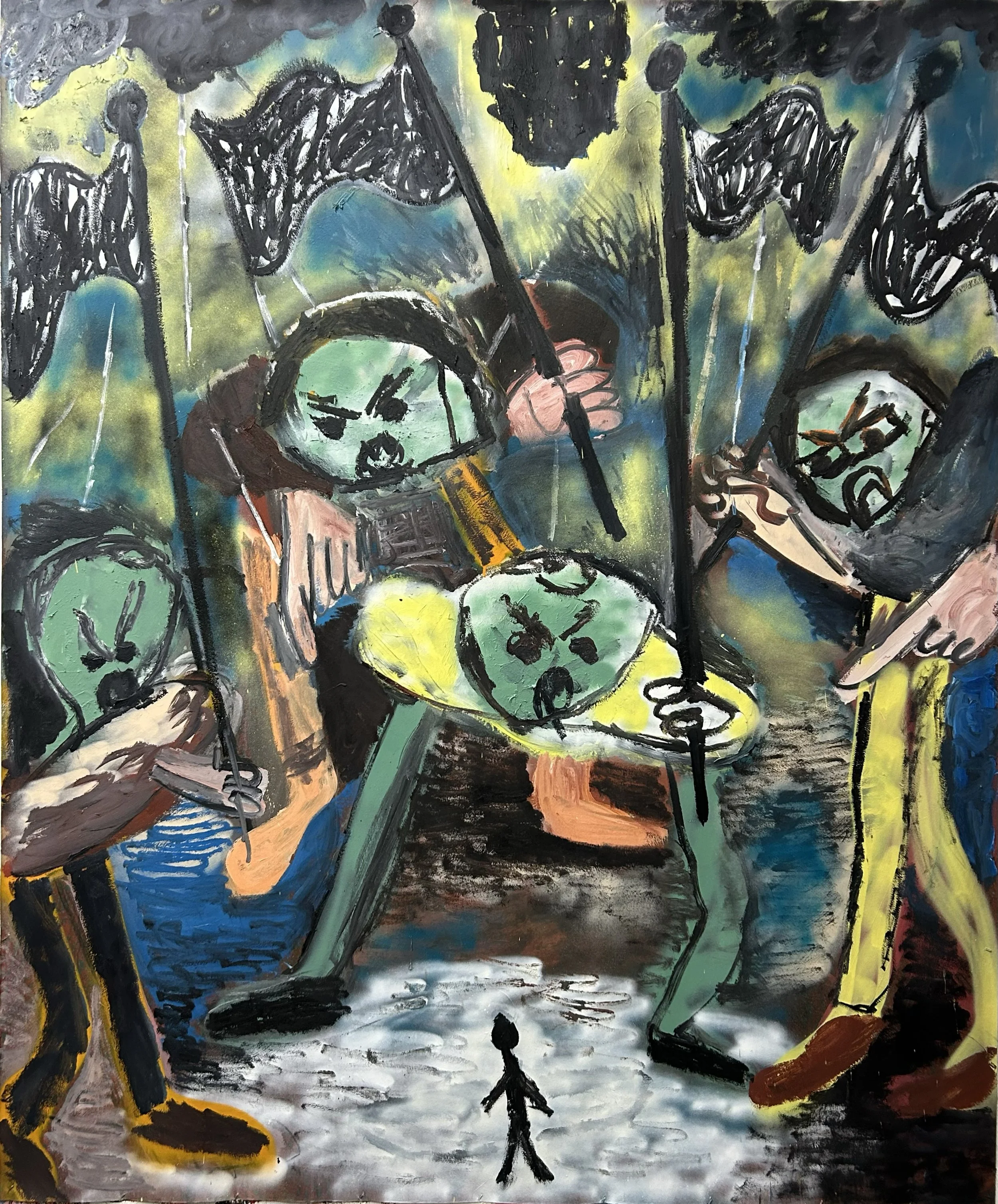   ‘Flagged’ 2025  Oil, acrylic and aerosol on paper. 180 × 150 cm 