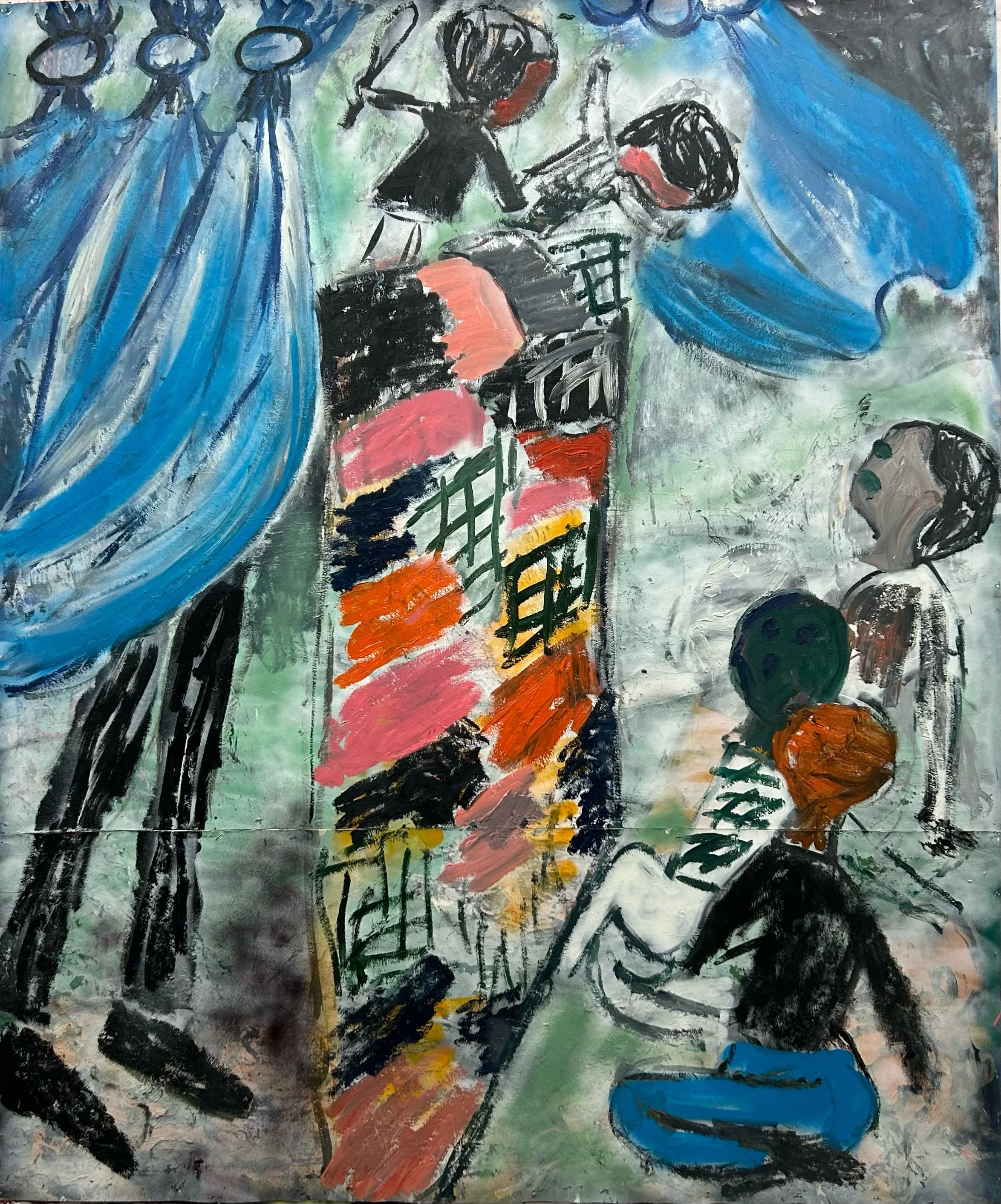   ‘World Panto’ 2025  Oil, acrylic and aerosol on paper. 180 × 150 cm 