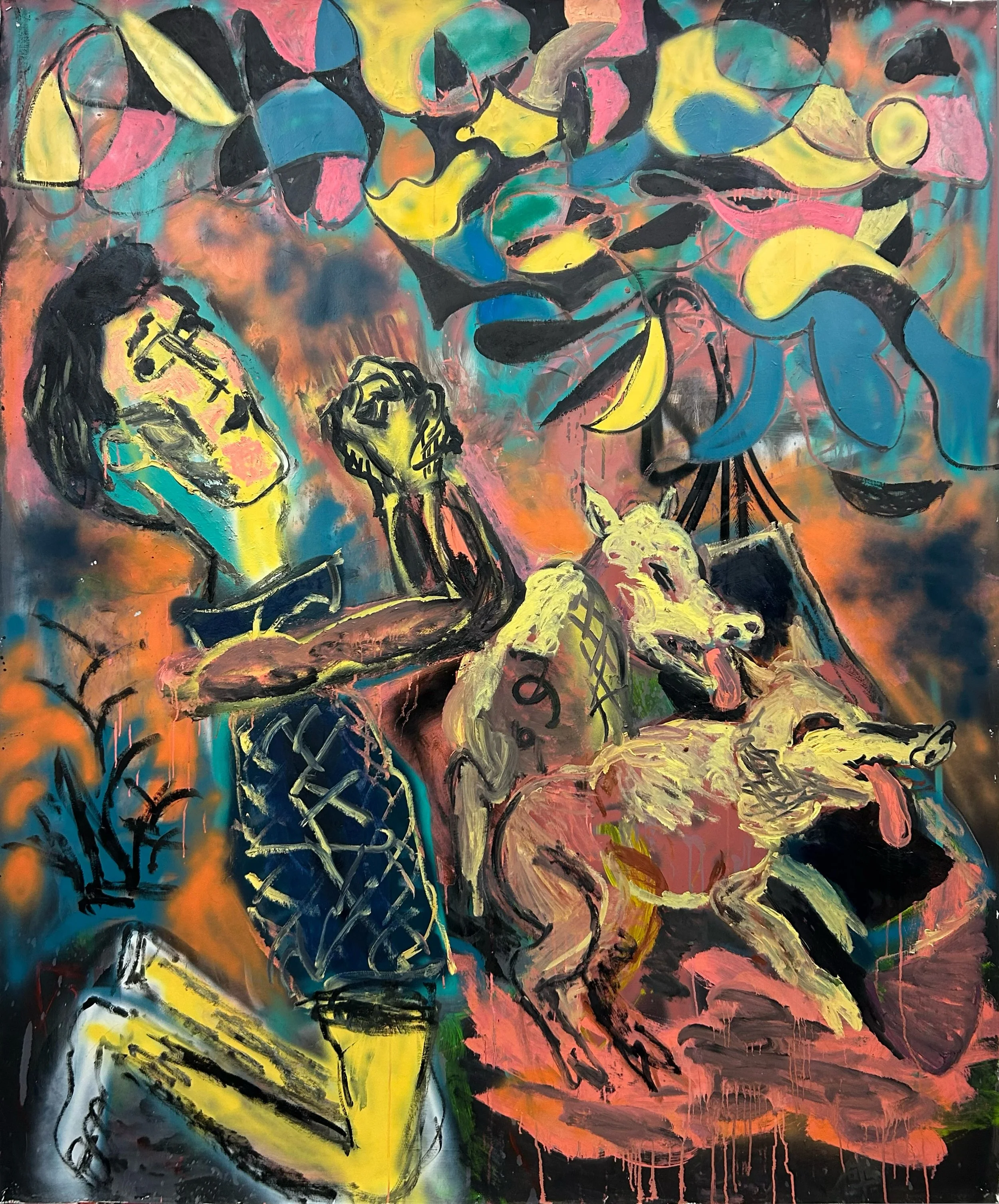   ‘Swineherd’ 2025  Oil, acrylic and aerosol on paper. 180 × 150 cm 