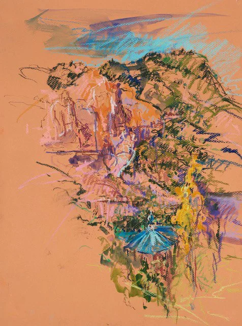  Monastery in the Rocks, 2025 | Mixed Media on Paper, 12” x 16” 