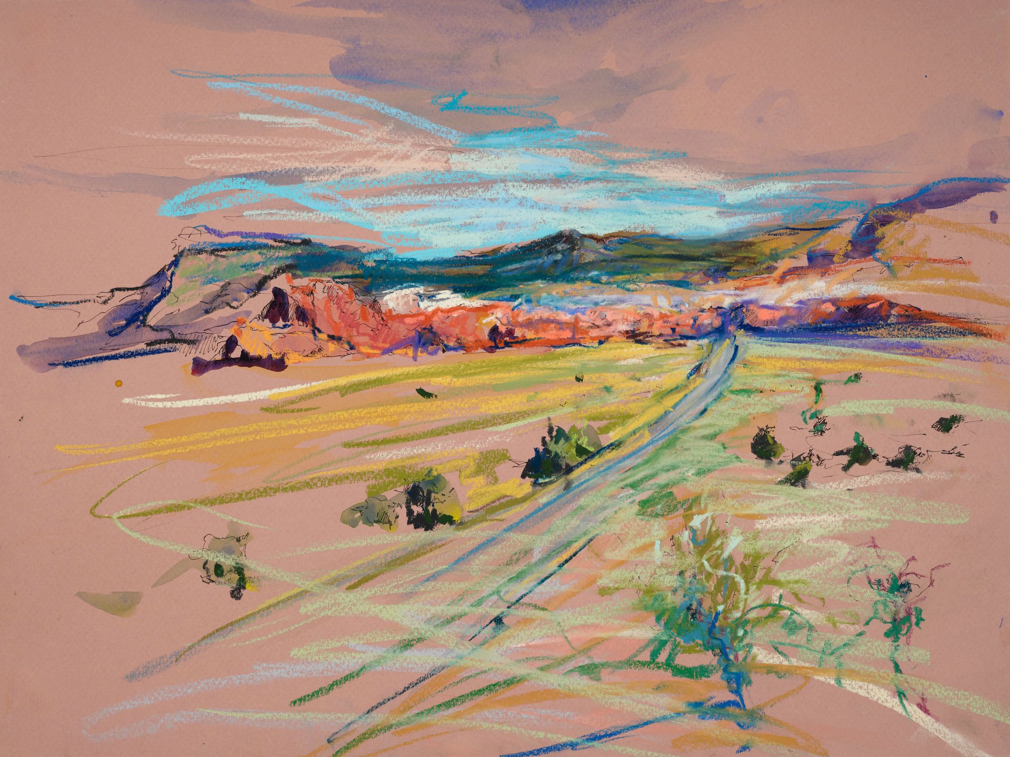  The Road to Abiquiu, 2026&nbsp; |&nbsp; Mixed Media, 12″ x 16″ 