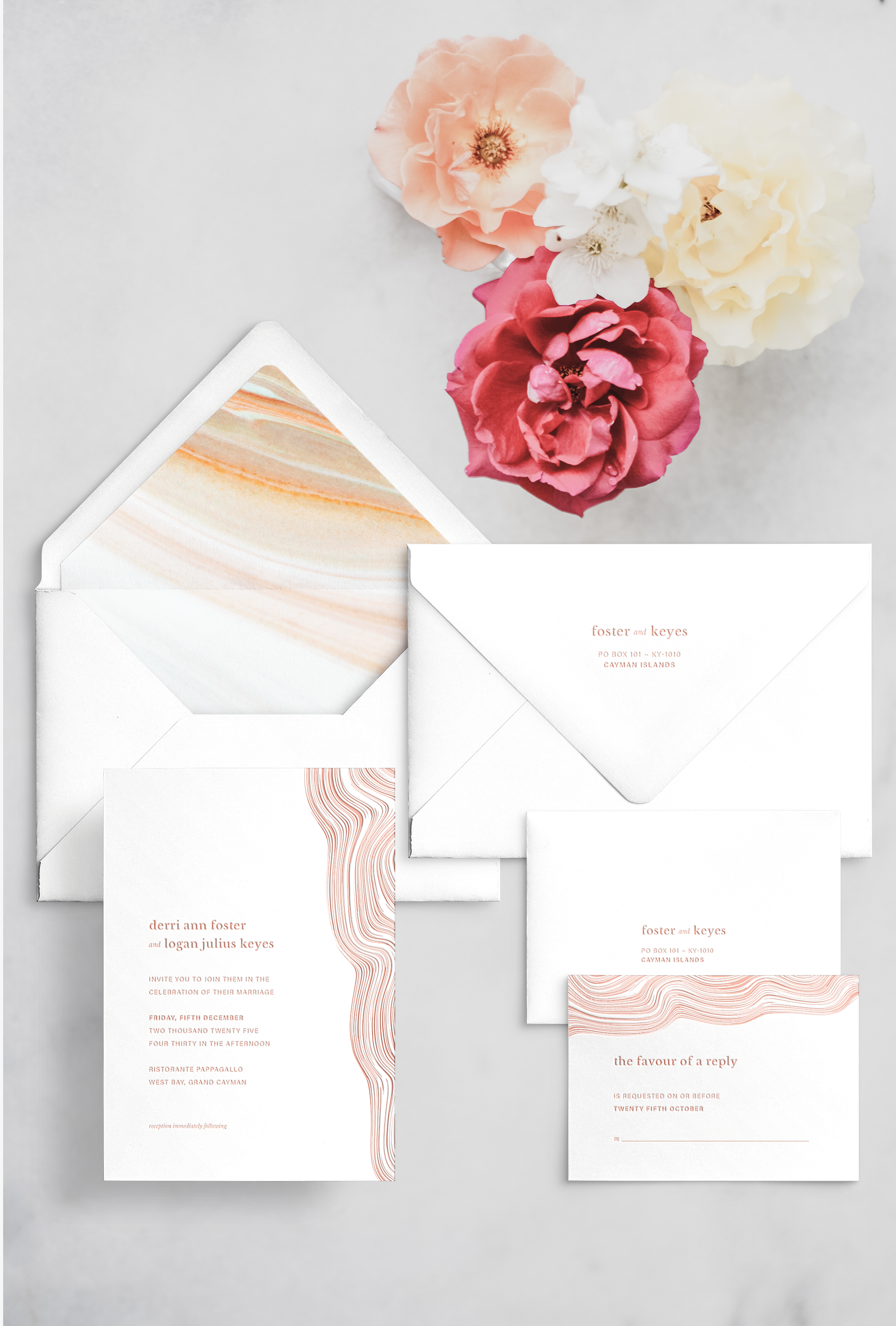 Semi-custom wedding letterpress invitations with coordinating Day-of-Wedding stationery and signage. Customizable. Design has wavy line accents and  Caymanite marble pattern envelope liner featured in orange Pantone 487. Also available in foil.