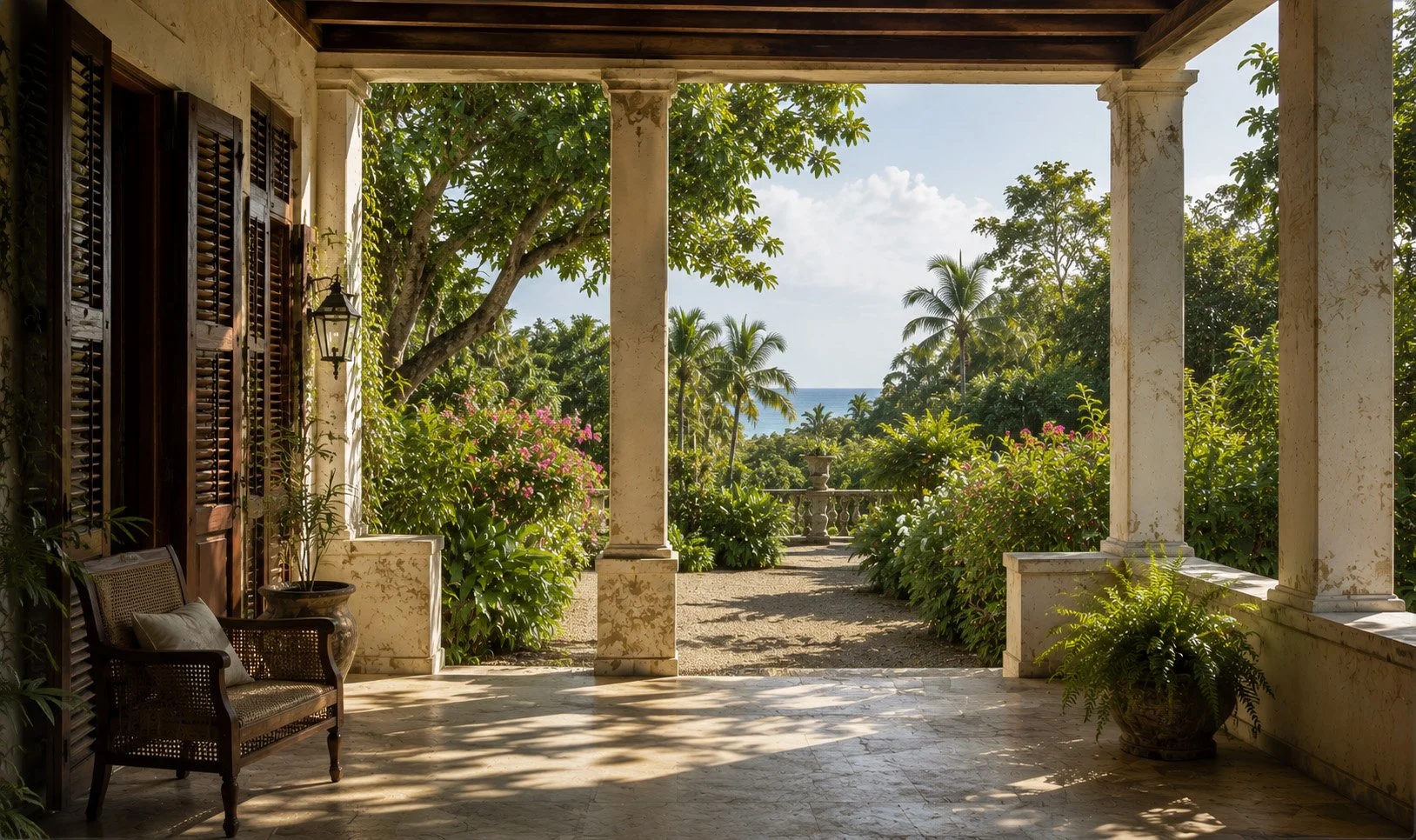 View from the shaded veranda of a historic Caribbean estate, framed by stone columns and lush tropical gardens with the Caribbean Sea in the distance.