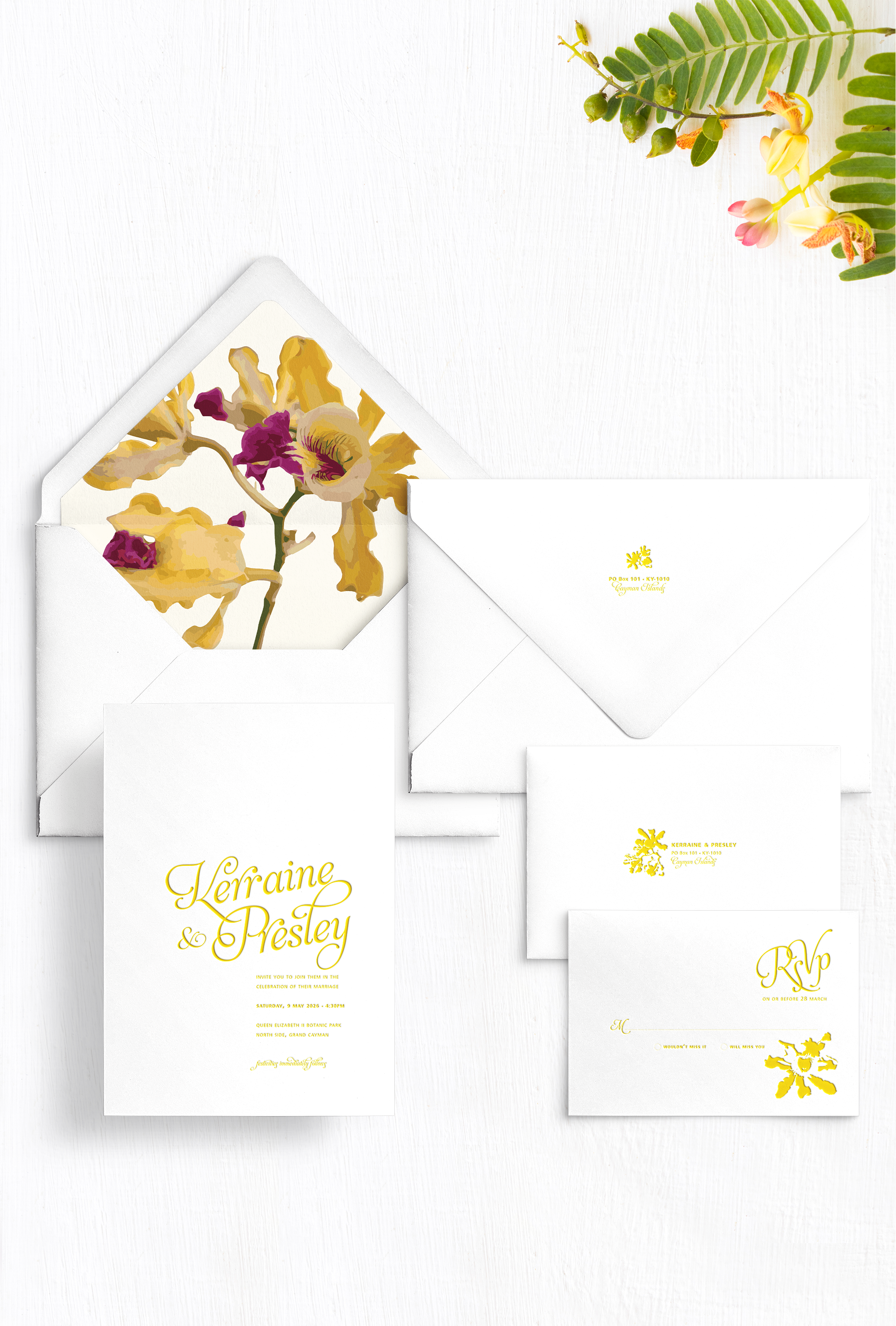 Semi-custom wedding letterpress invitations with coordinating Day-of-Wedding stationery + signage. Customizable. Design has wild banana orchid accents and wild banana orchid envelope liner featured in yellow Pantone 012. Also available in foil.