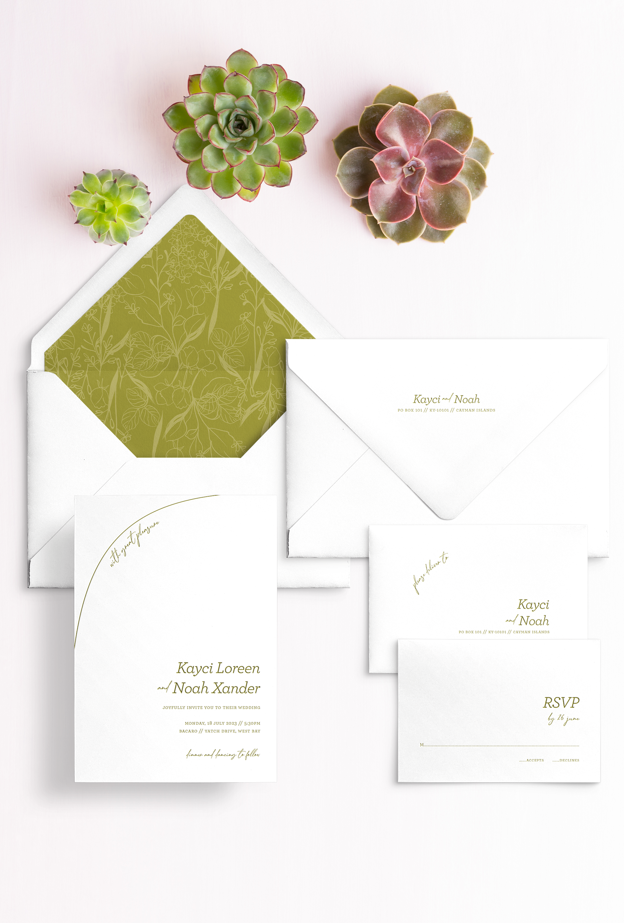 Semi-custom wedding letterpress invitations with coordinating Day-of-Wedding stationery and signage. Customizable. Design has arched stroke accent and foliage envelope liner featured in olive green Pantone 399. Also available in foil.