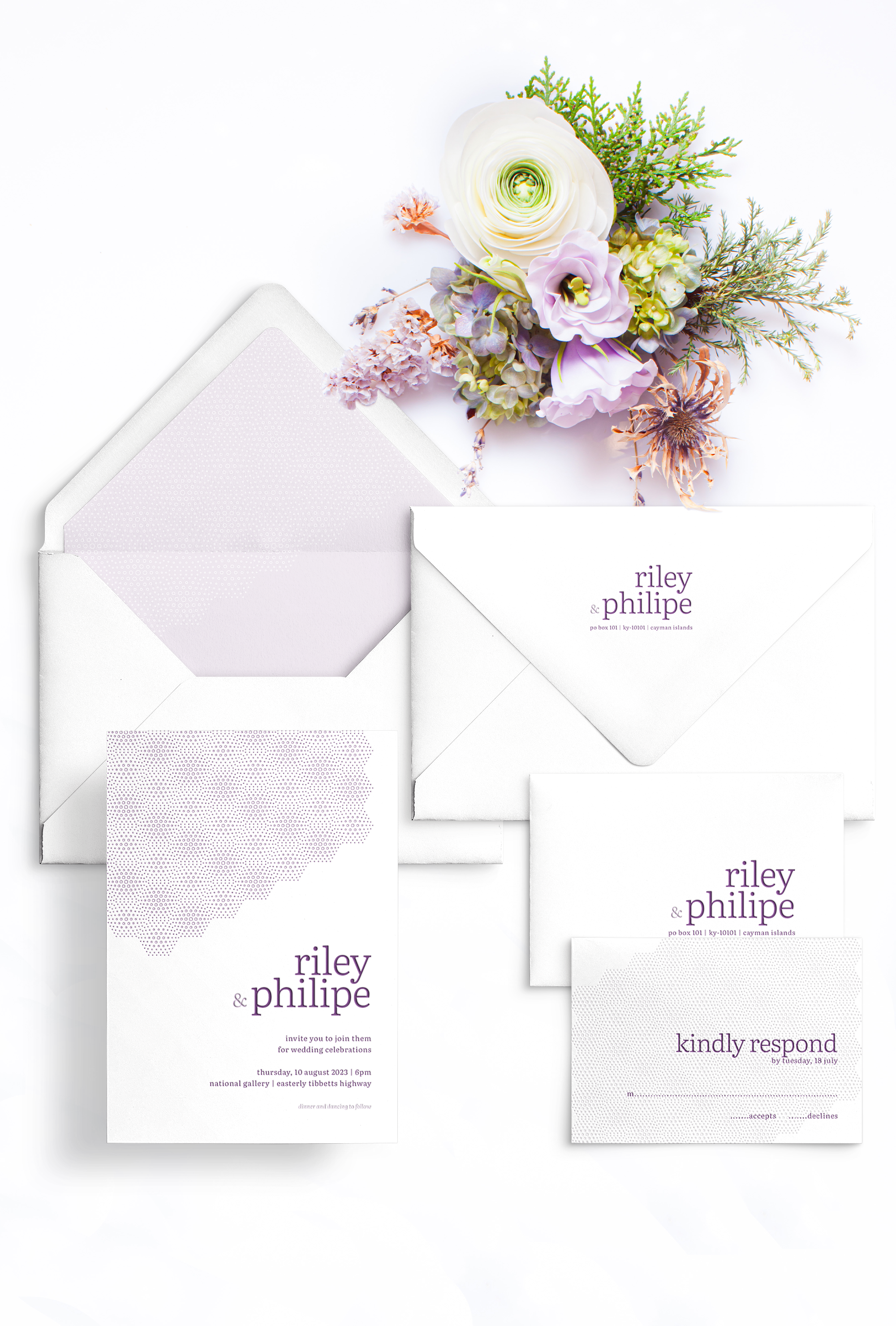 Semi-custom wedding letterpress invitations with coordinating Day-of-Wedding stationery and signage. Customizable. Design has skewed dotted pattern and inverted dot pattern envelope liner featured in purple Pantone 2613. Also available in foil.