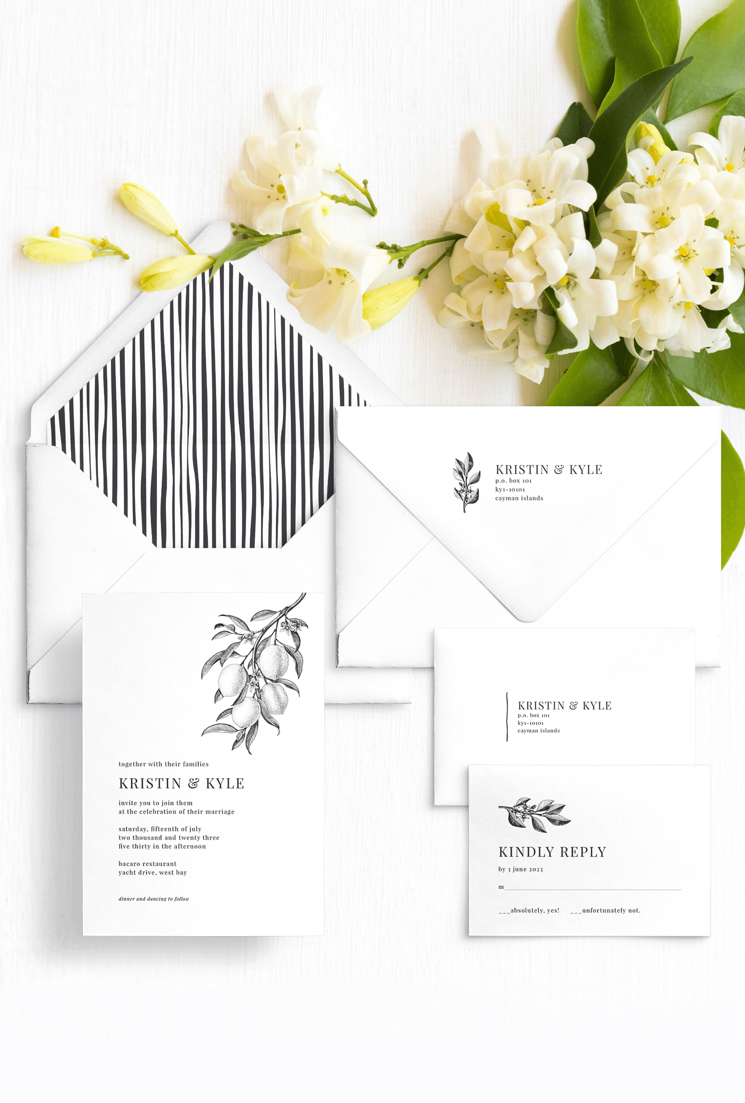 Semi-custom wedding letterpress invitations with coordinating Day-of-Wedding stationery and signage. Customizable. Design has lemon foliage and organically striped envelope liner featured in 90% Black. Also available in foil.