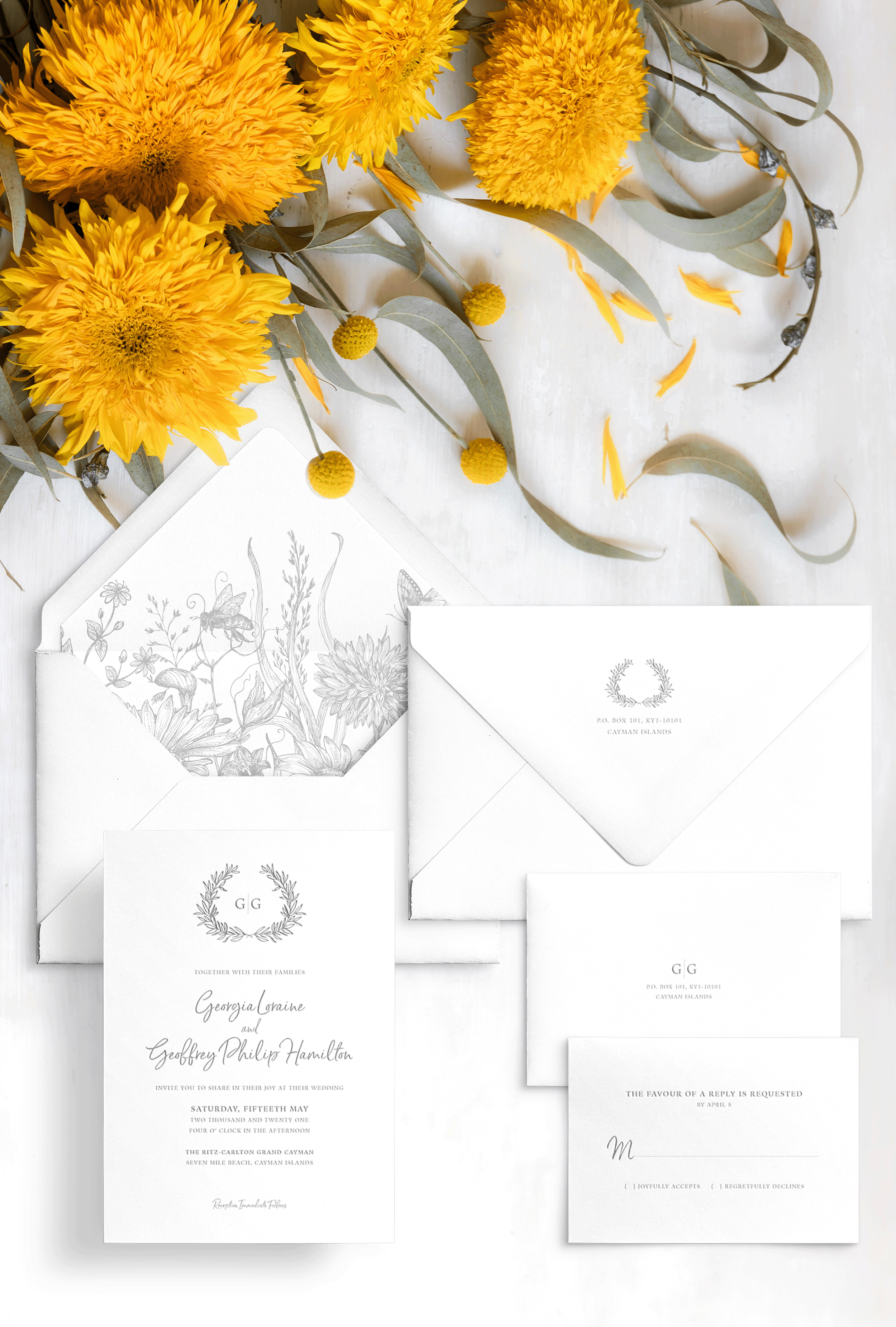 Semi-custom wedding letterpress invitations with coordinating Day-of-Wedding stationery and signage. Customizable. Design has laurel accent and flowers & bee envelope liner featured in cool grey Pantone 6CG. Also available in foil.