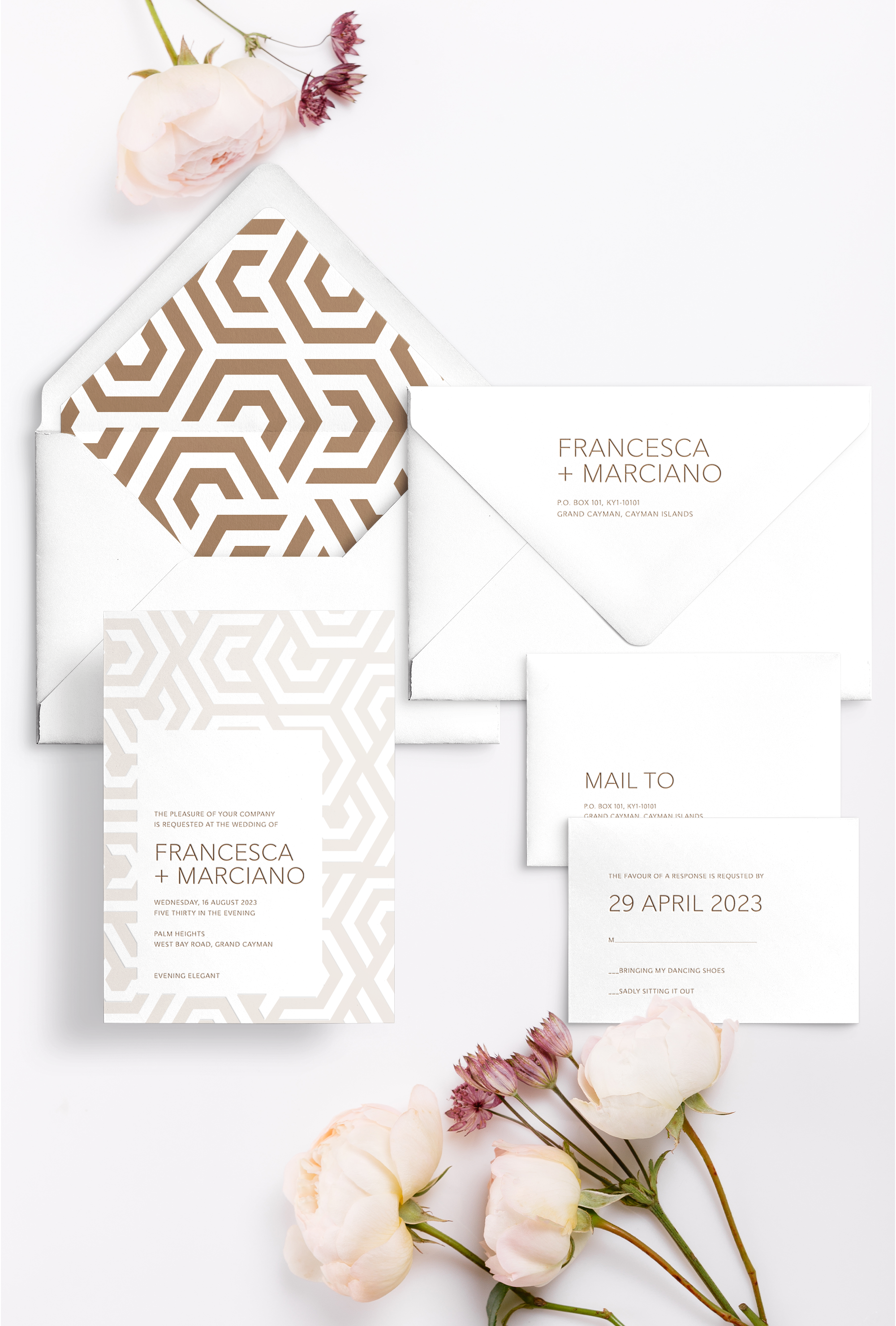 Semi-custom wedding letterpress invitations with coordinating Day-of-Wedding stationery and signage. Customizable. Design has geometric pattern invite and envelope liner featured in mocha Pantone 7504. Also available in foil.