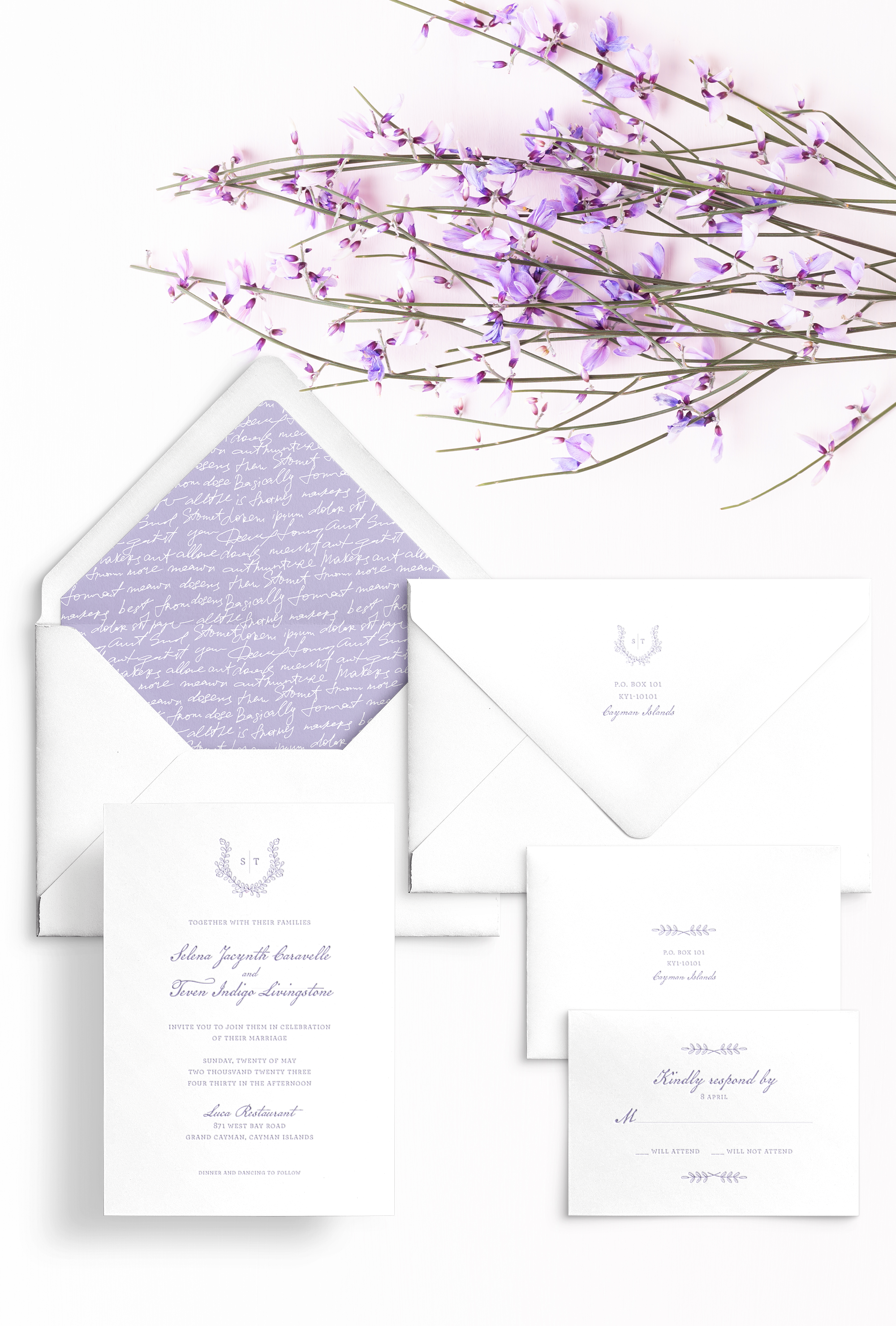 Semi-custom wedding letterpress invitations with coordinating Day-of-Wedding stationery and signage. Customizable. Design has laurel + initials and script lettering envelope liner featured in lilac Pantone 7445. Also available in foil.