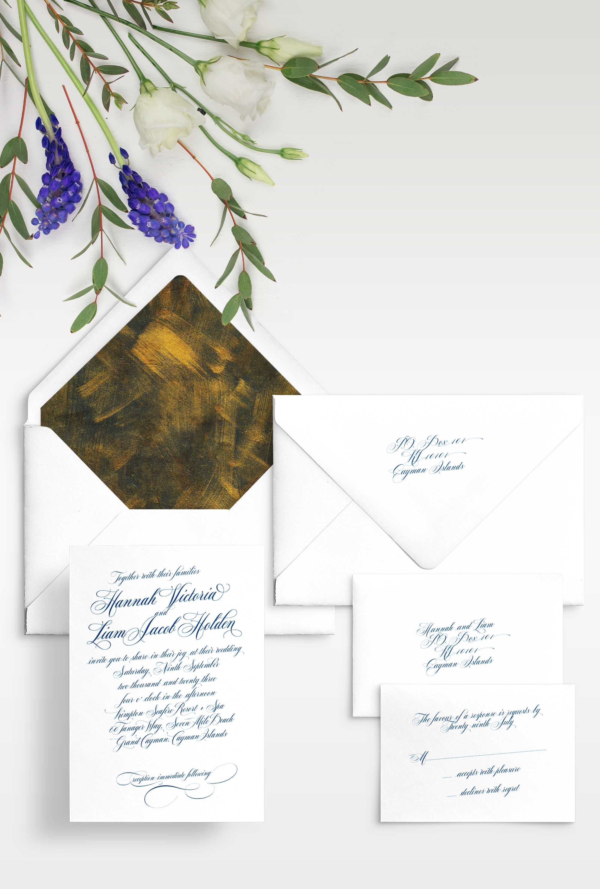 Semi-custom wedding letterpress invitations with coordinating Day-of-Wedding stationery and signage. Customizable. Design has script type and iodised metal texture envelope liner featured in blue Pantone 2945. Also available in foil.