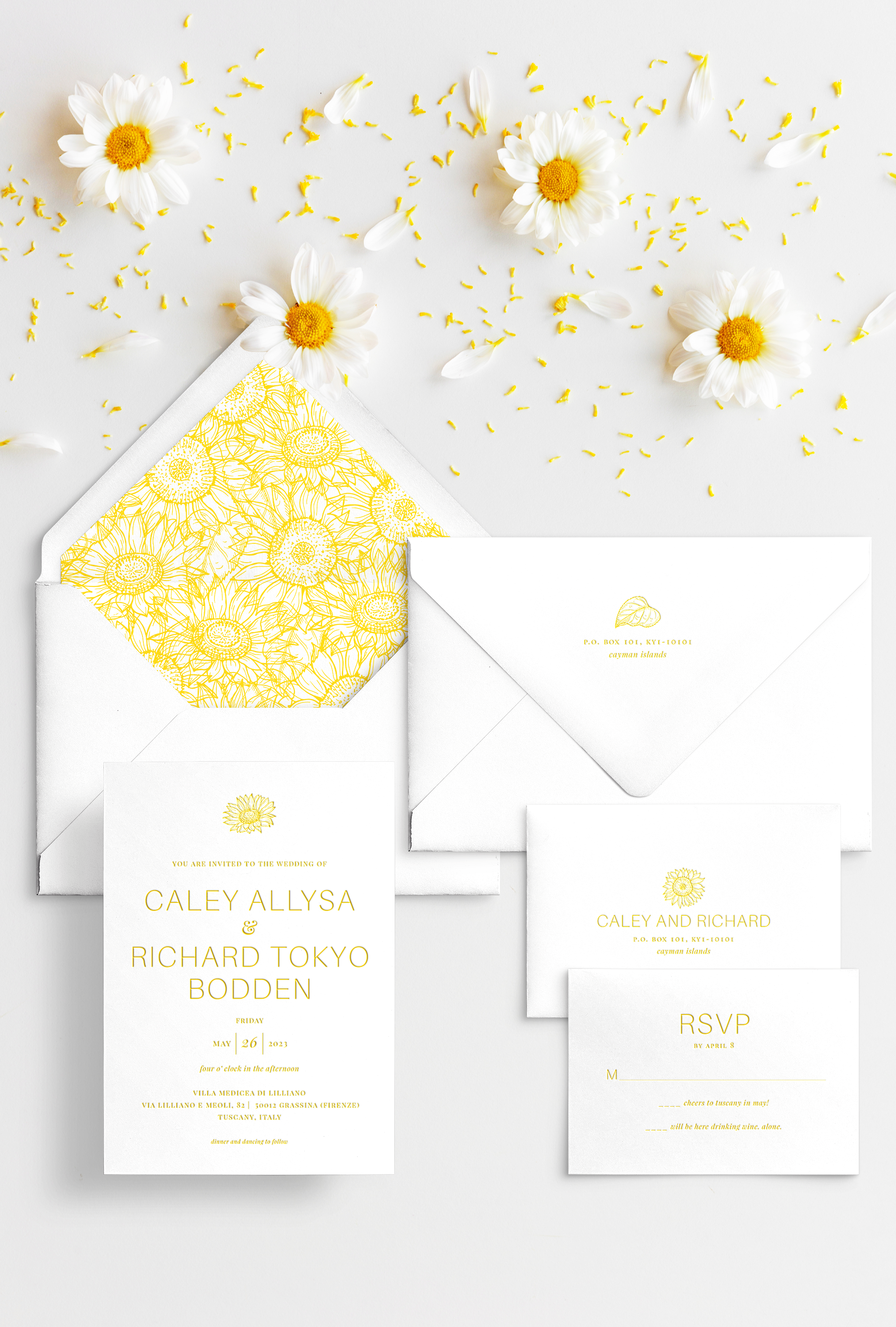 Semi-custom wedding letterpress invitations with coordinating Day-of-Wedding stationery and signage. Customizable. Design has sunflower accents and clustered sunflower pattern envelope liner featured in yellow Pantone 115. Also available in foil.