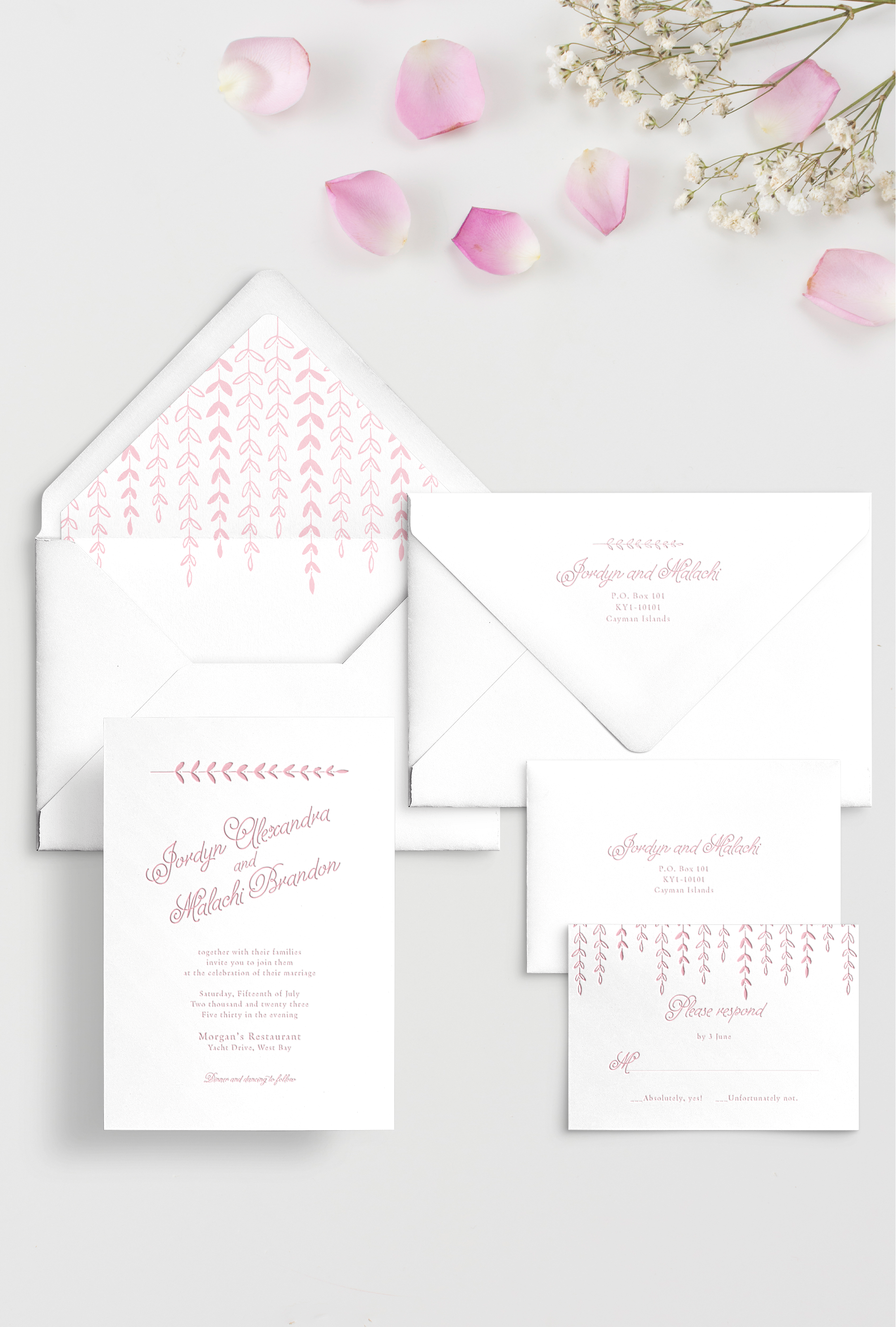 Semi-custom wedding letterpress invitations with coordinating Day-of-Wedding stationery and signage. Customizable. Design has vine accents and hanging vines envelope liner featured in pink Pantone 495. Also available in foil.