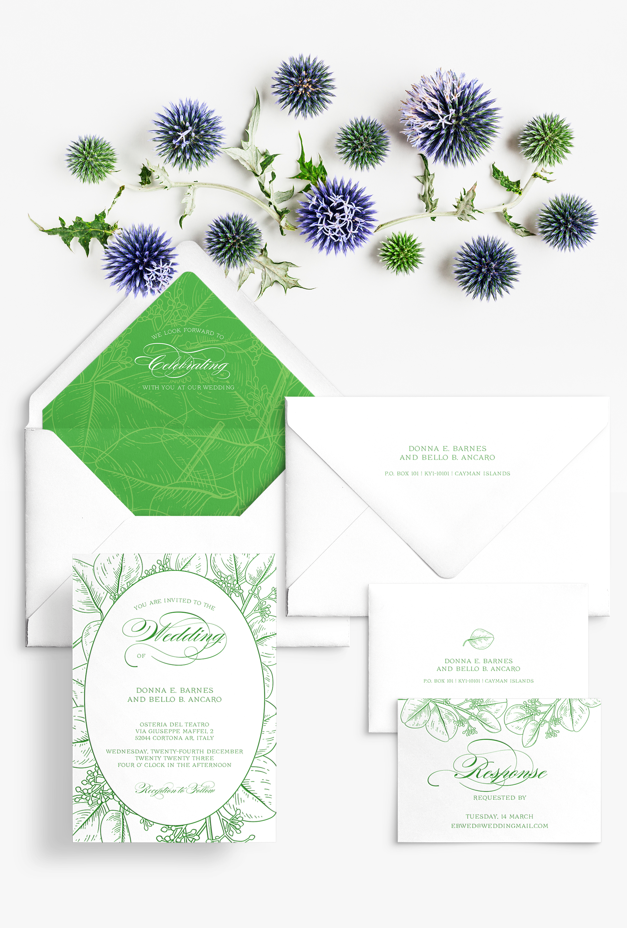 Semi-custom wedding letterpress invitations with coordinating Day-of-Wedding stationery and signage. Customizable. Design has leaf pattern cards and envelope liner featured in grass green Pantone 362. Also available in foil.