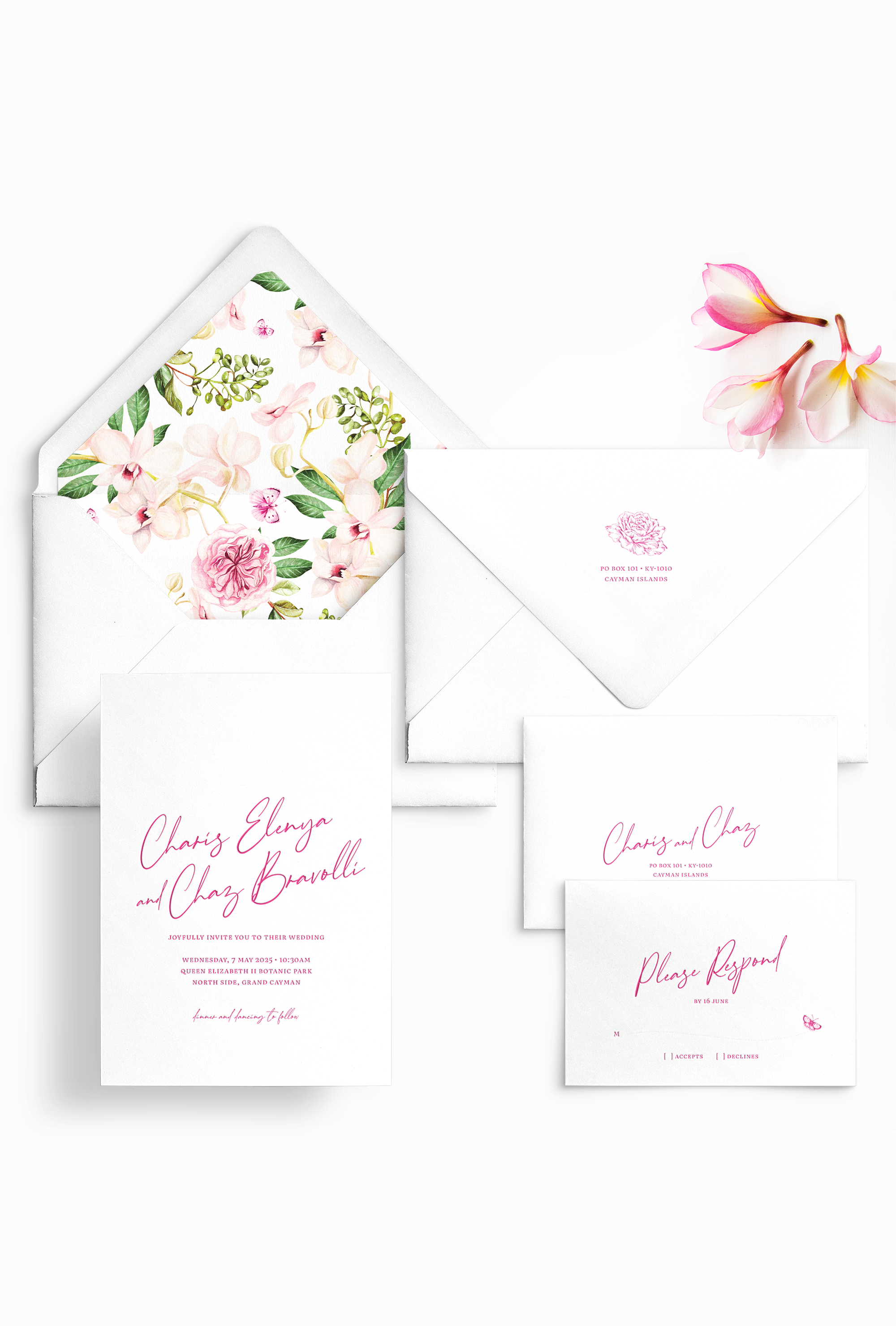 Semi-custom wedding letterpress invitations with coordinating Day-of-Wedding stationery and signage. Customizable. Design has English rose + butterfly accents and spring floral envelope liner featured in fuchsia Pantone 213. Also available in foil.