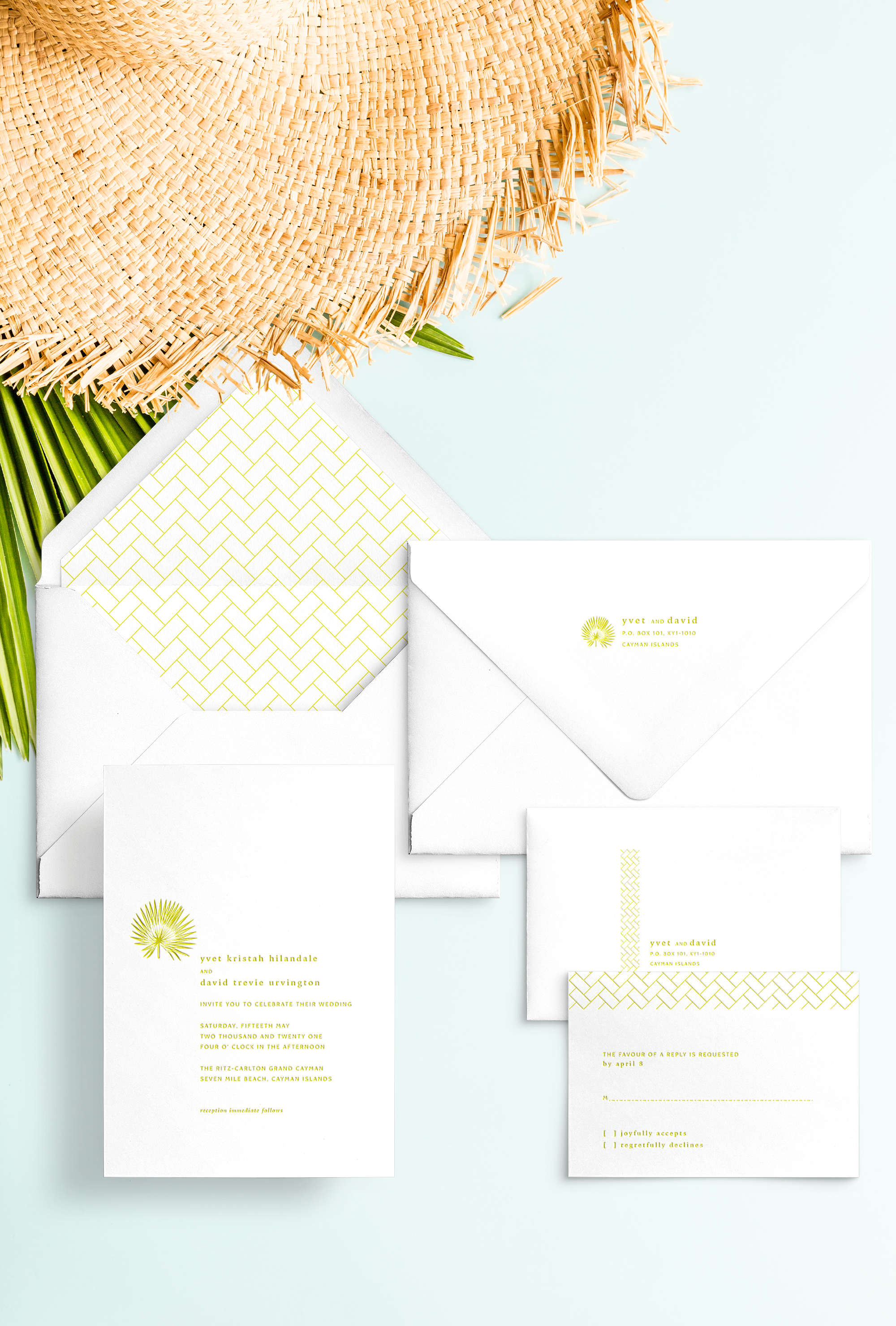 Semi-custom wedding letterpress invitations with coordinating Day-of-Wedding stationery and signage. Customizable. Design has palm frond accent and plaited geometric pattern envelope liner featured in lime green Pantone 397. Also available in foil.