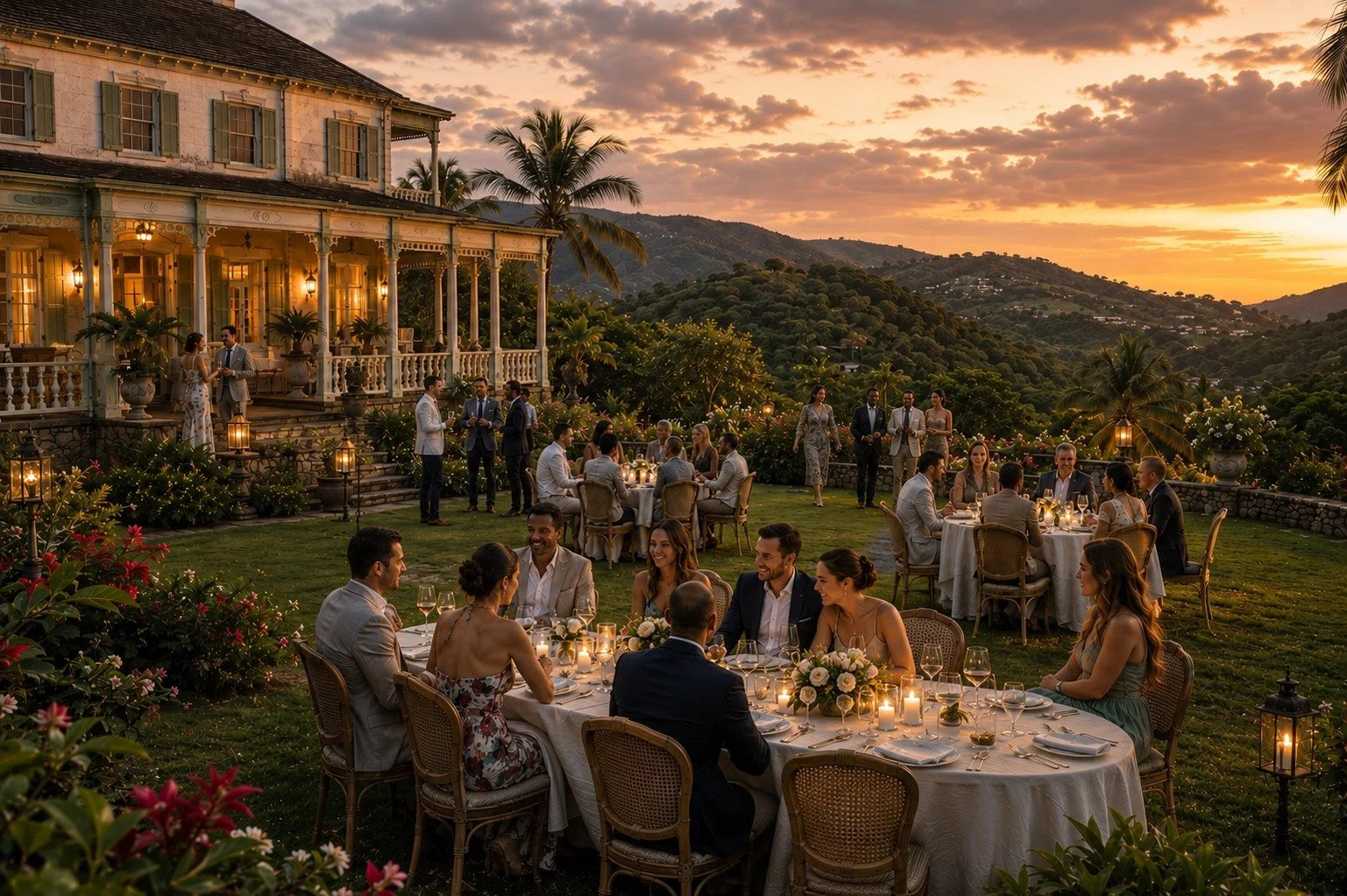 Wedding reception unfolding across the gardens of a historic Jamaican estate at sunset, with guests dining beneath the surrounding mountains.