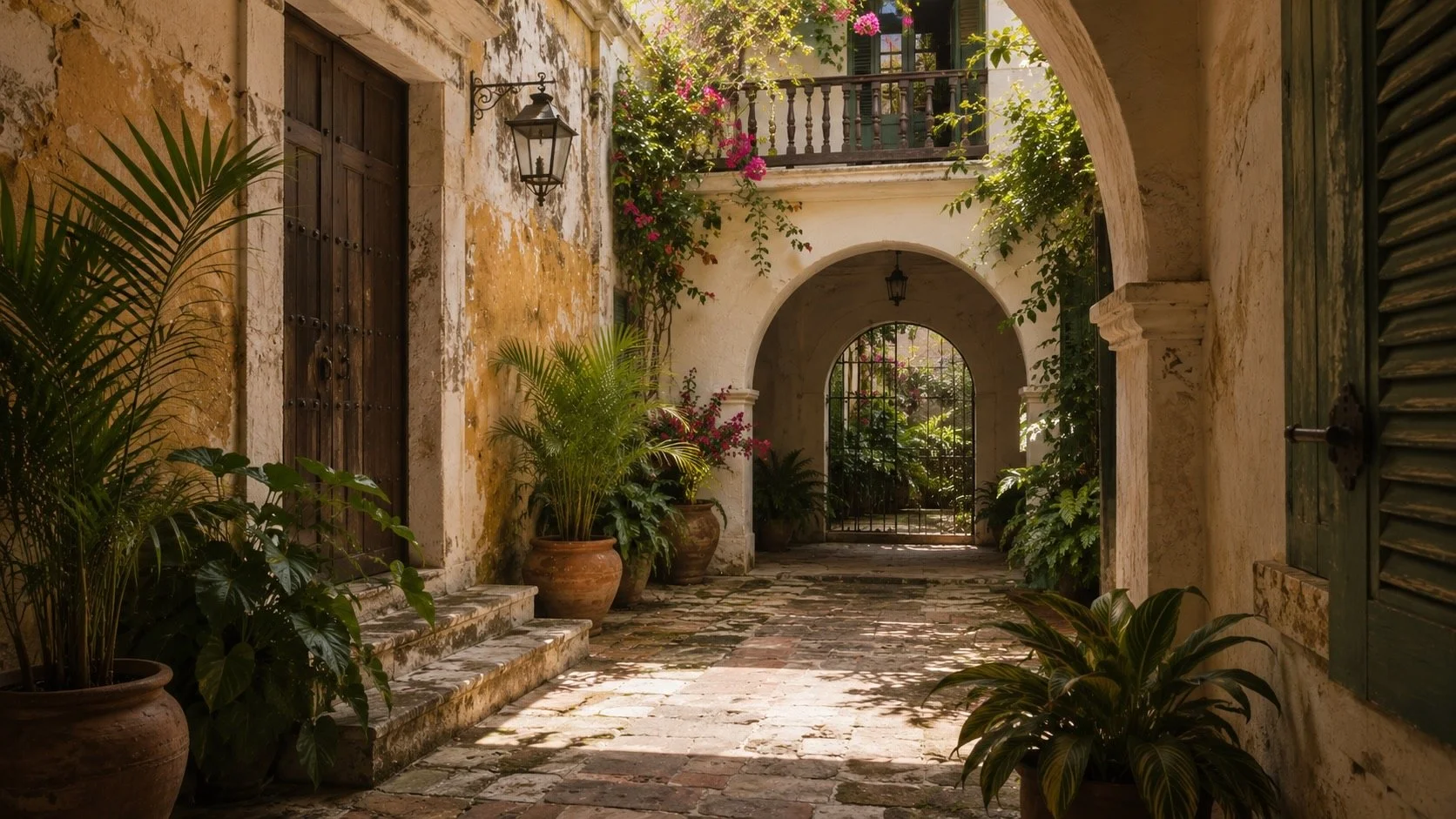 Historic courtyard in Old San Juan, Puerto Rico, with arched passageways, weathered walls, wooden shutters, and tropical greenery.