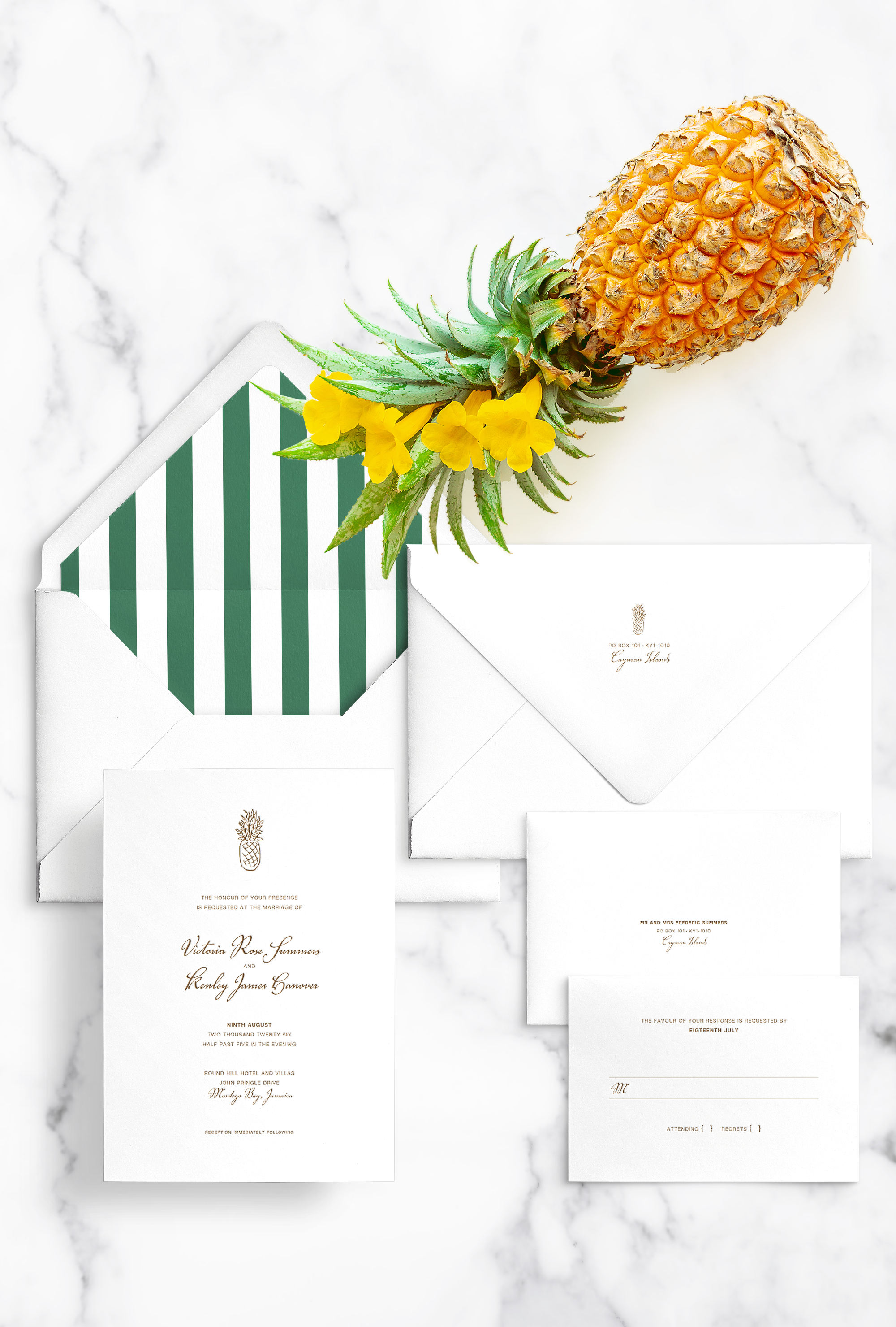Semi-custom wedding letterpress invitations with coordinating Day-of-Wedding stationery + signage. Customizable. Design has pineapple accents and wide vertical stripe pattern envelope liner featured in dusty gold Pantone 874M. Also available in foil.